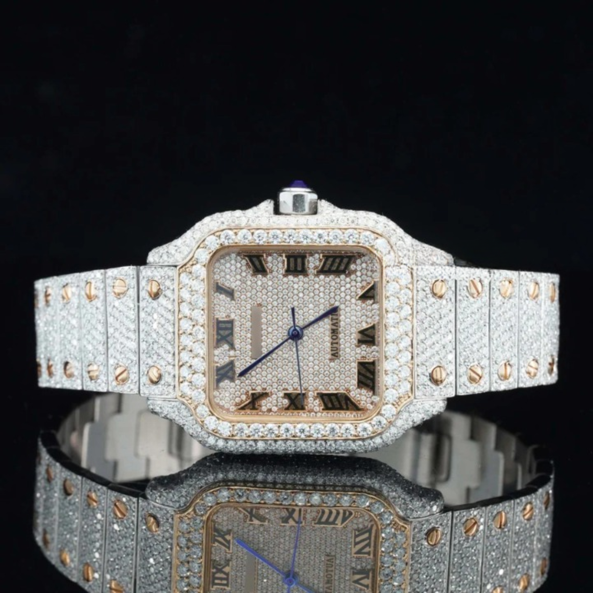 Vintage Style Fully Iced Out Automatic Moissanite Diamond Wrist Watch