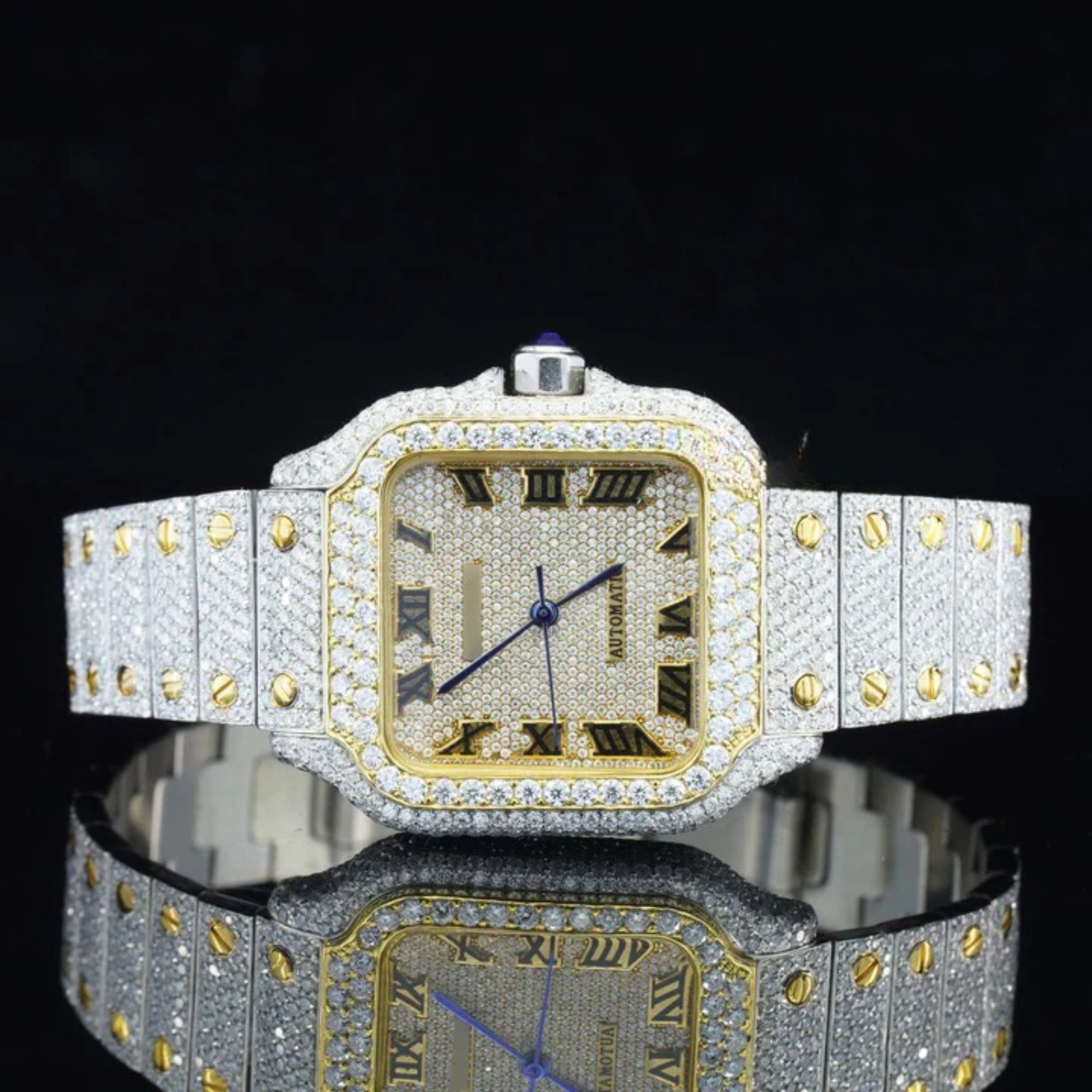 Vintage Style Fully Iced Out Automatic Moissanite Diamond Wrist Watch