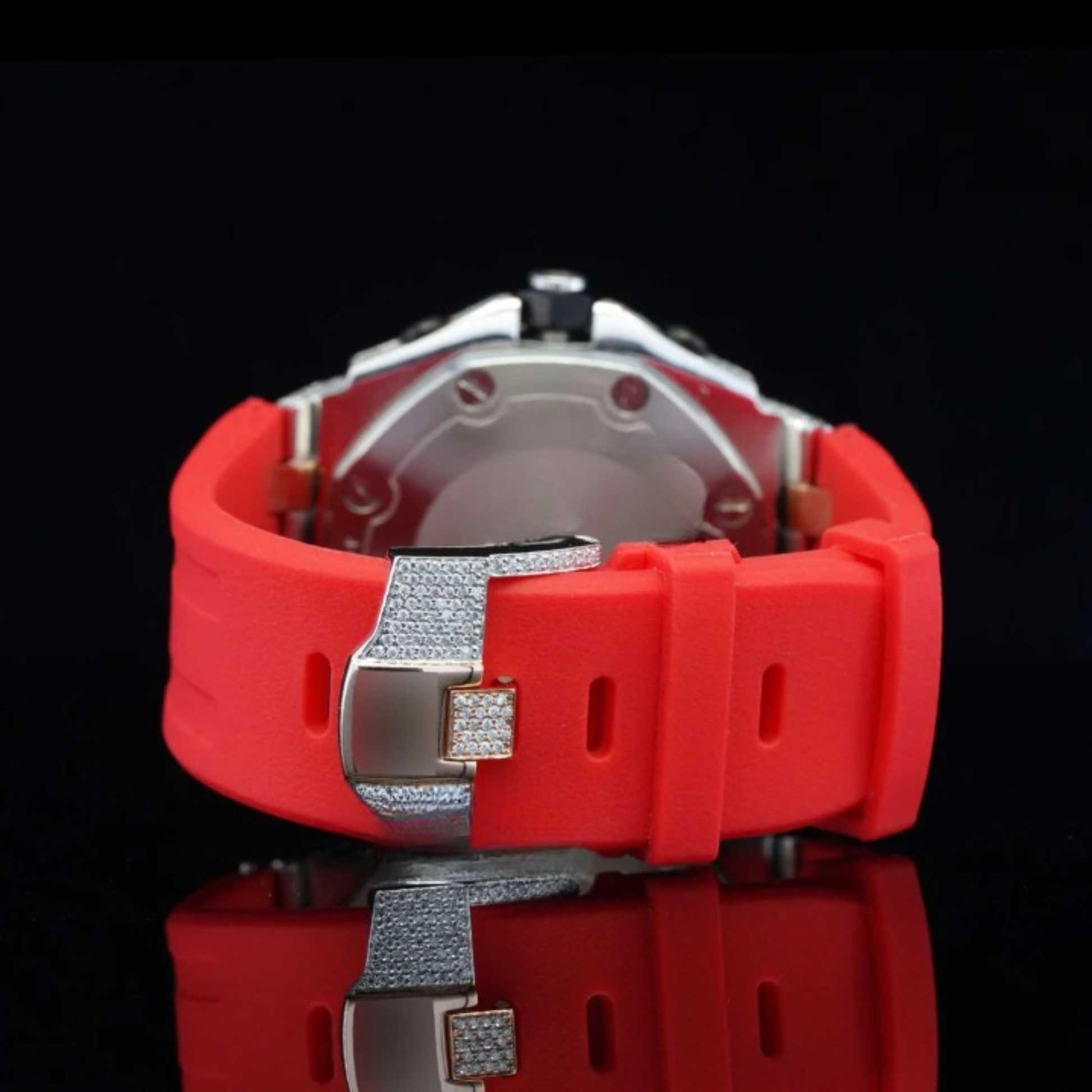 Fabulous Iced Out Red Rubber Belt Automatic Moissanite Wrist Watch