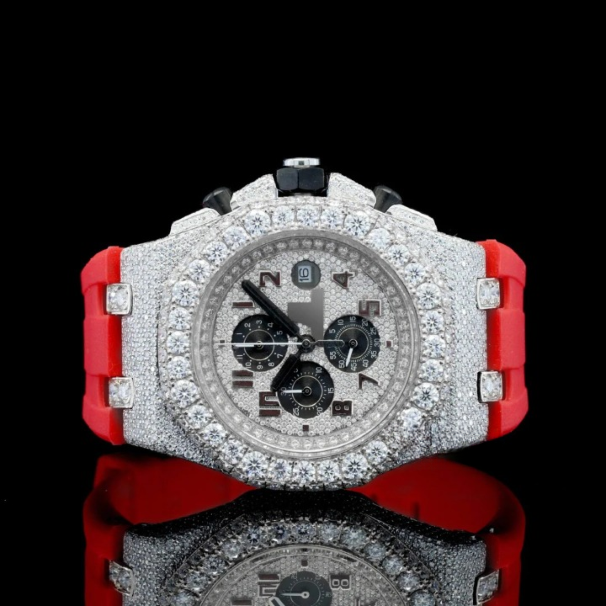 Fabulous Iced Out Red Rubber Belt Automatic Moissanite Wrist Watch