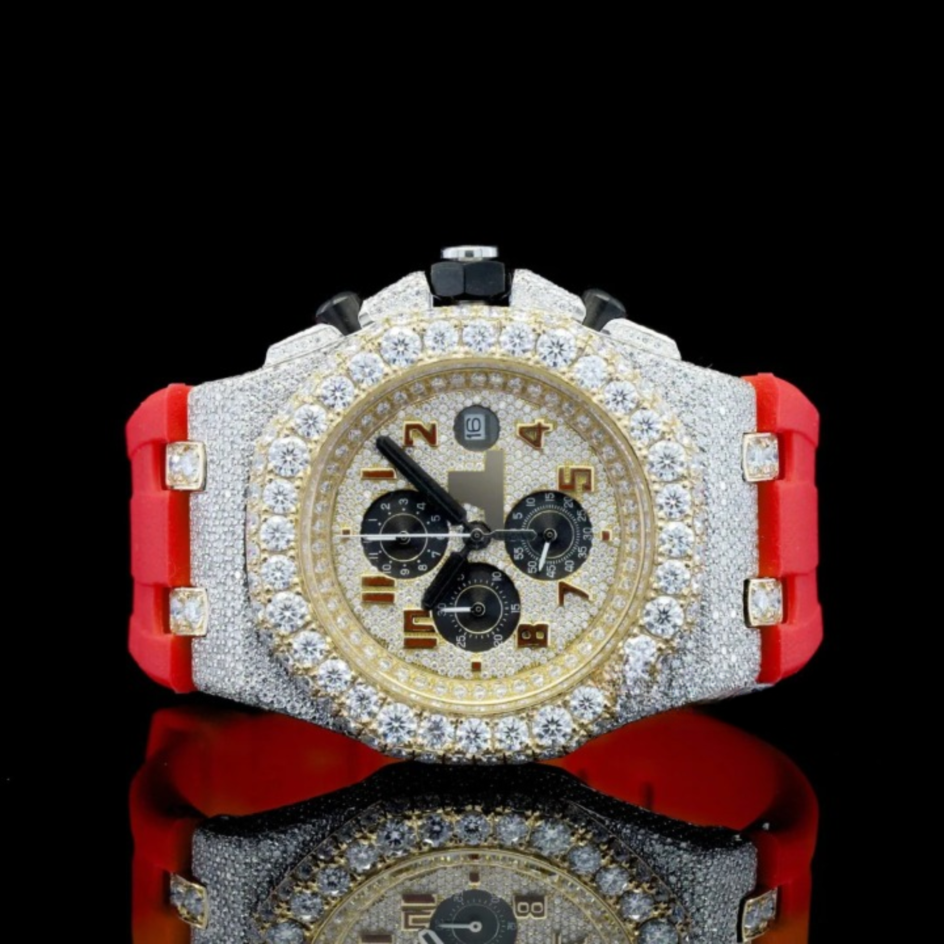 Fabulous Iced Out Red Rubber Belt Automatic Moissanite Wrist Watch