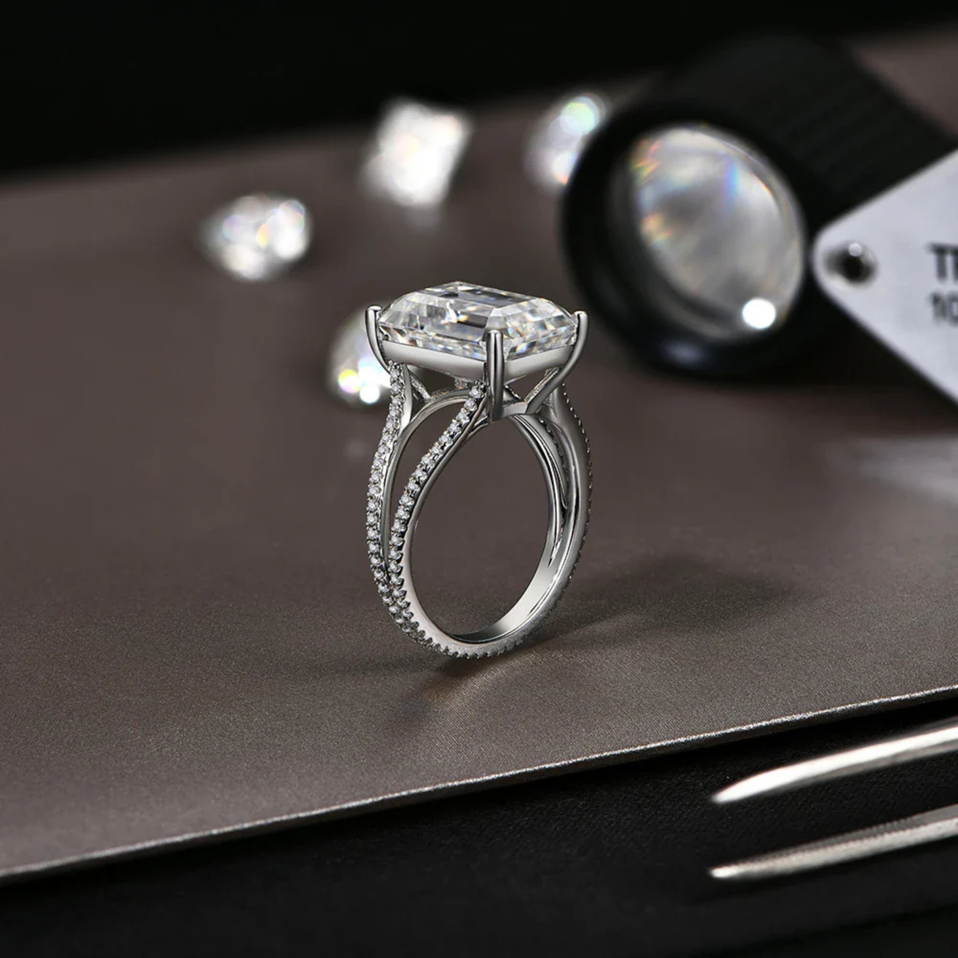 10 CT Emerald Cut Moissanite Engagement Ring