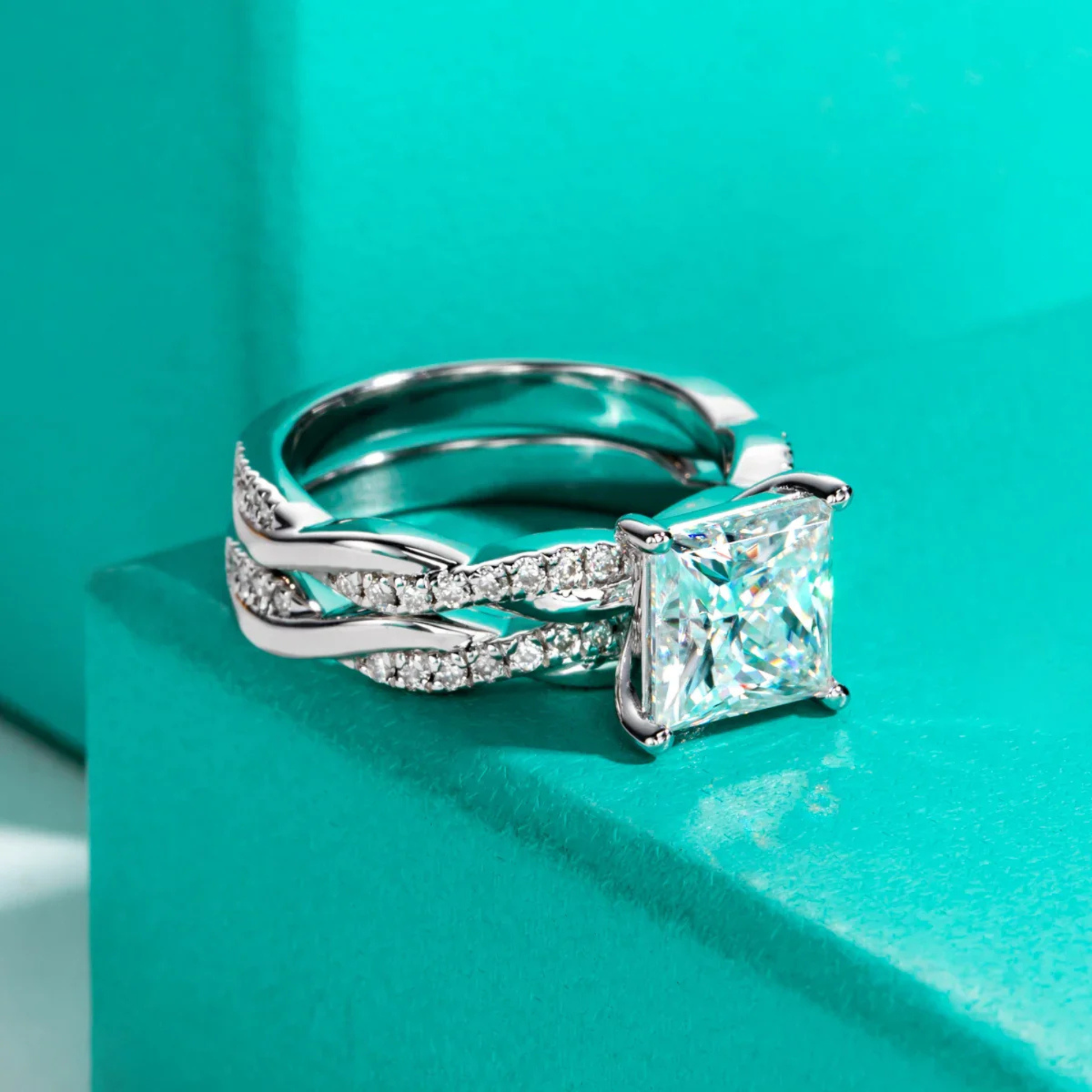 3 CT Princess Cut Moissanite Engagement Ring Set