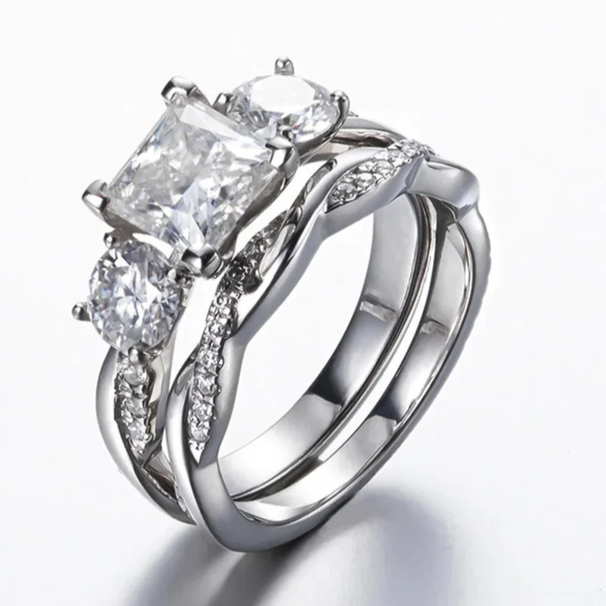 2.5 CTTW Princess Cut Three Stone Moissanite Engagement Ring