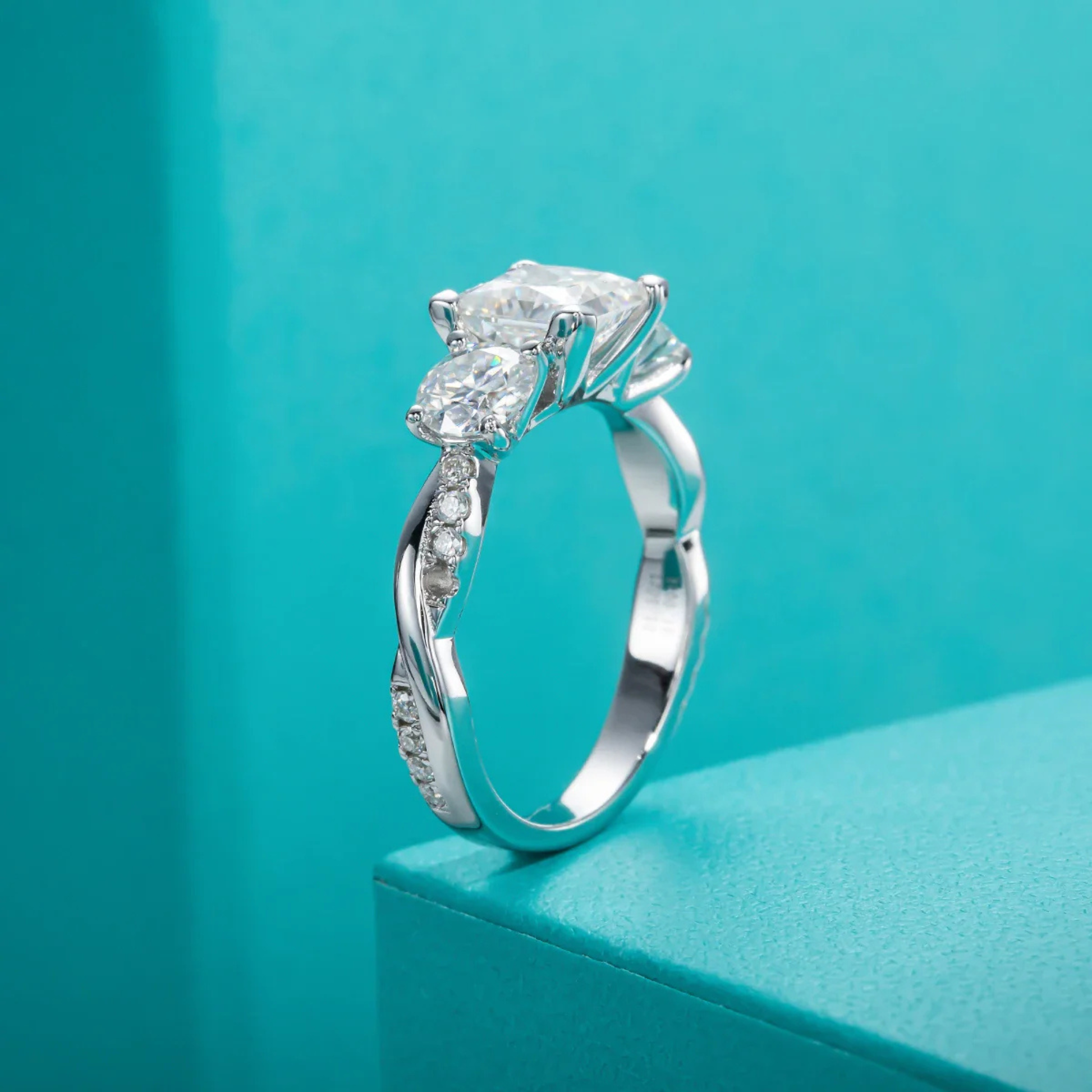 2.5 CTTW Princess Cut Three Stone Moissanite Engagement Ring