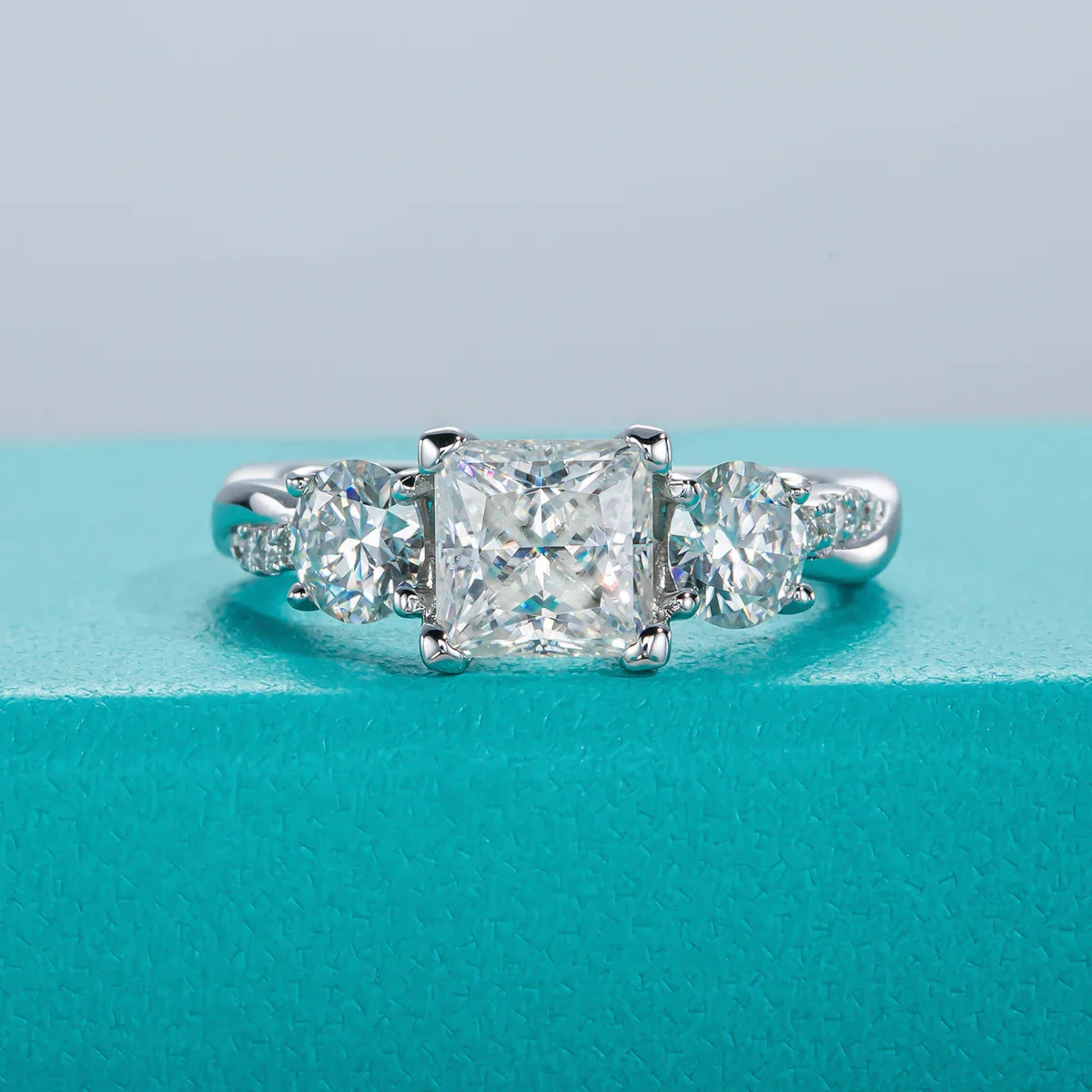 2.5 CTTW Princess Cut Three Stone Moissanite Engagement Ring