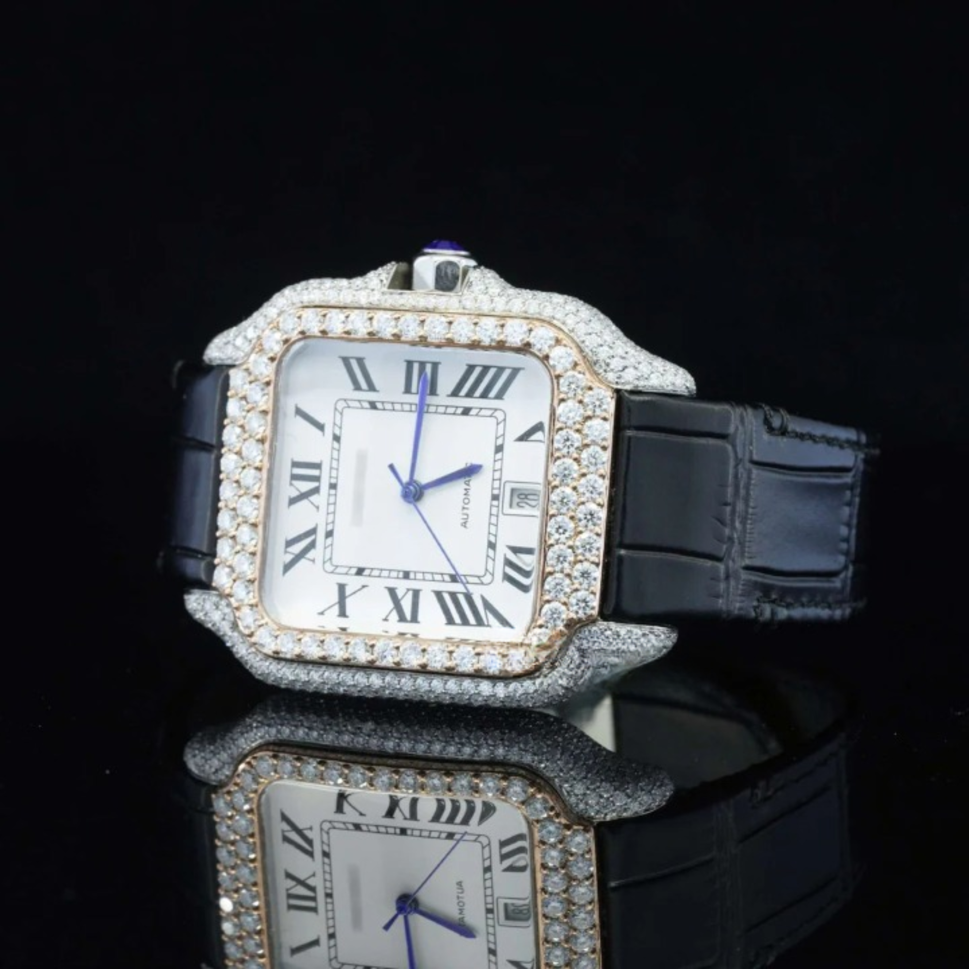 Fabulous Black Leather Belt Moissanite Diamond Watch
