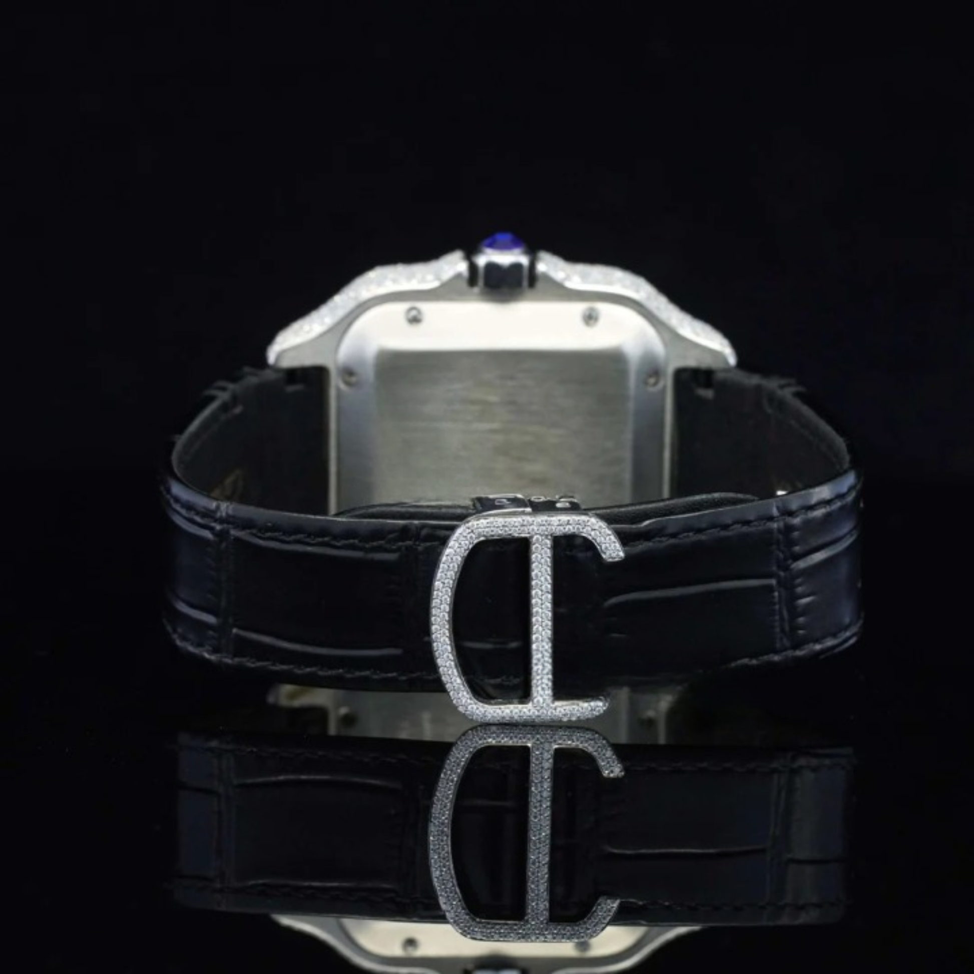Fabulous Black Leather Belt Moissanite Diamond Watch