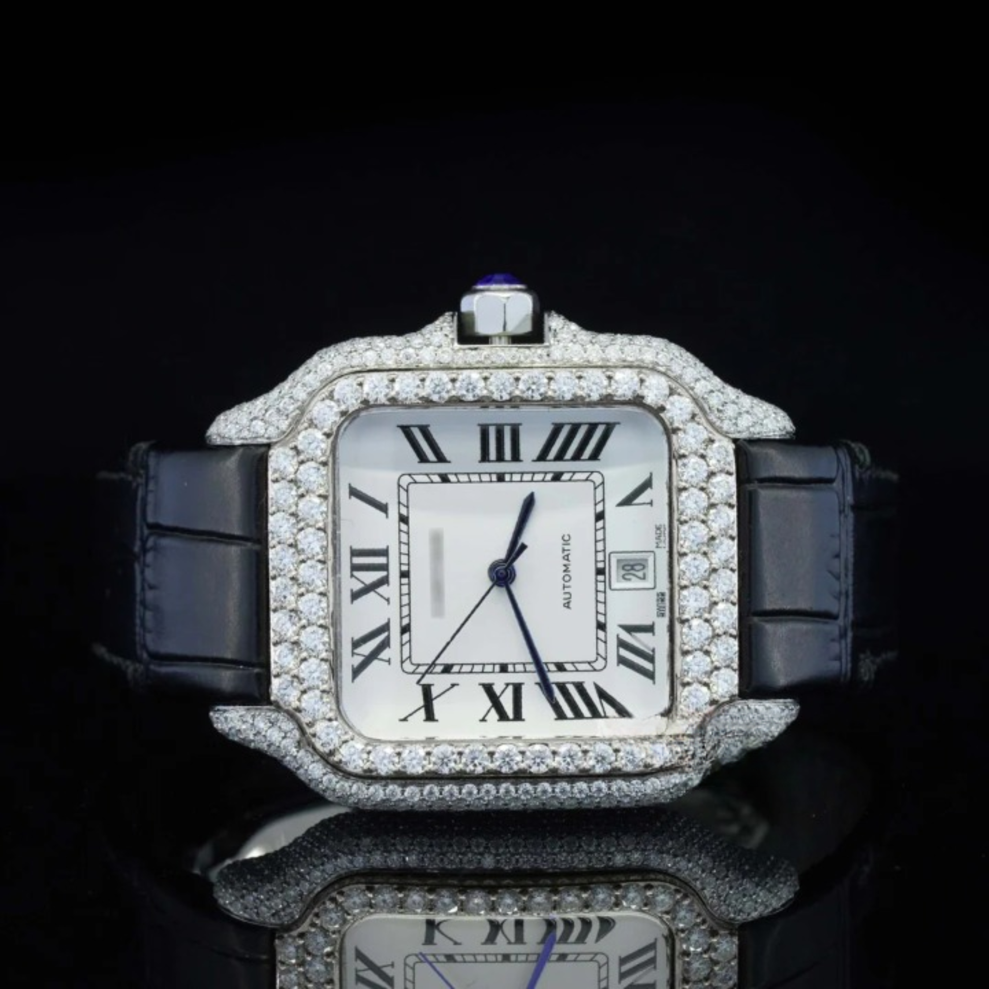 Fabulous Black Leather Belt Moissanite Diamond Watch