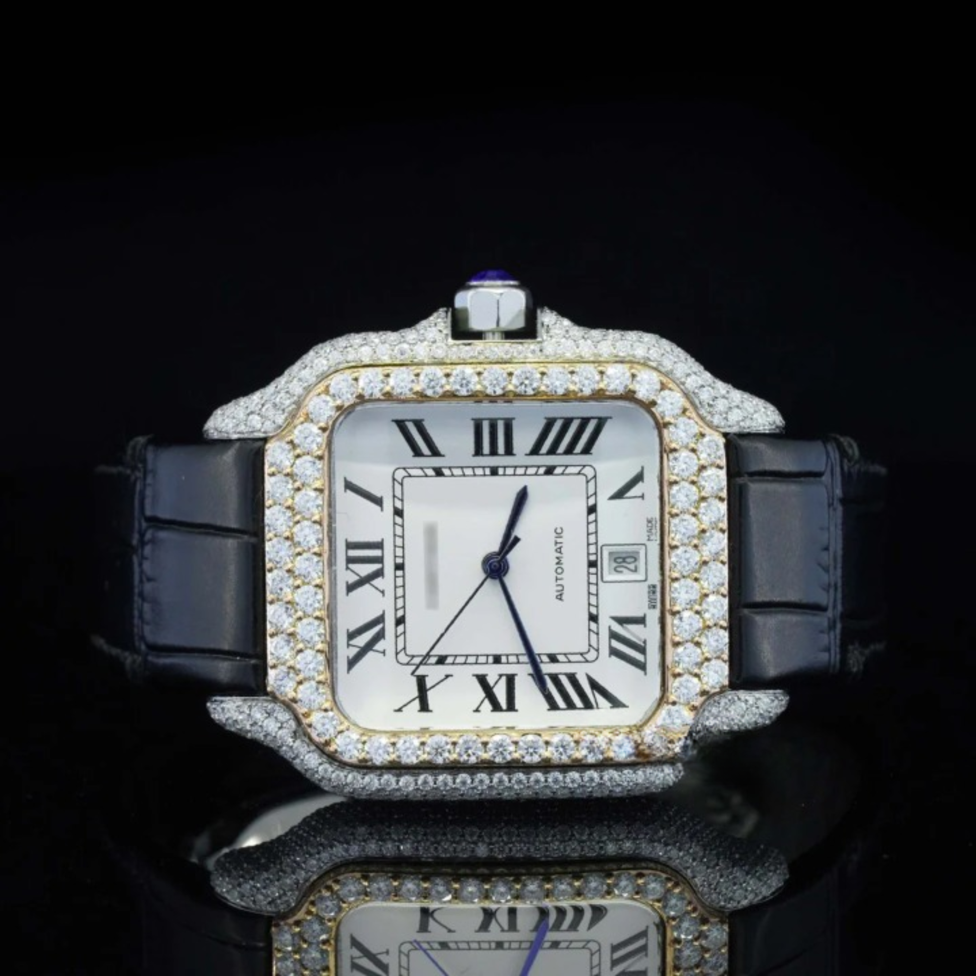 Fabulous Black Leather Belt Moissanite Diamond Watch