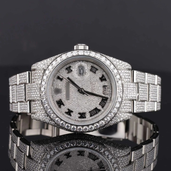 Full Iced Out Diamond Oyster Roman Dial Automatic Moissanite Watch
