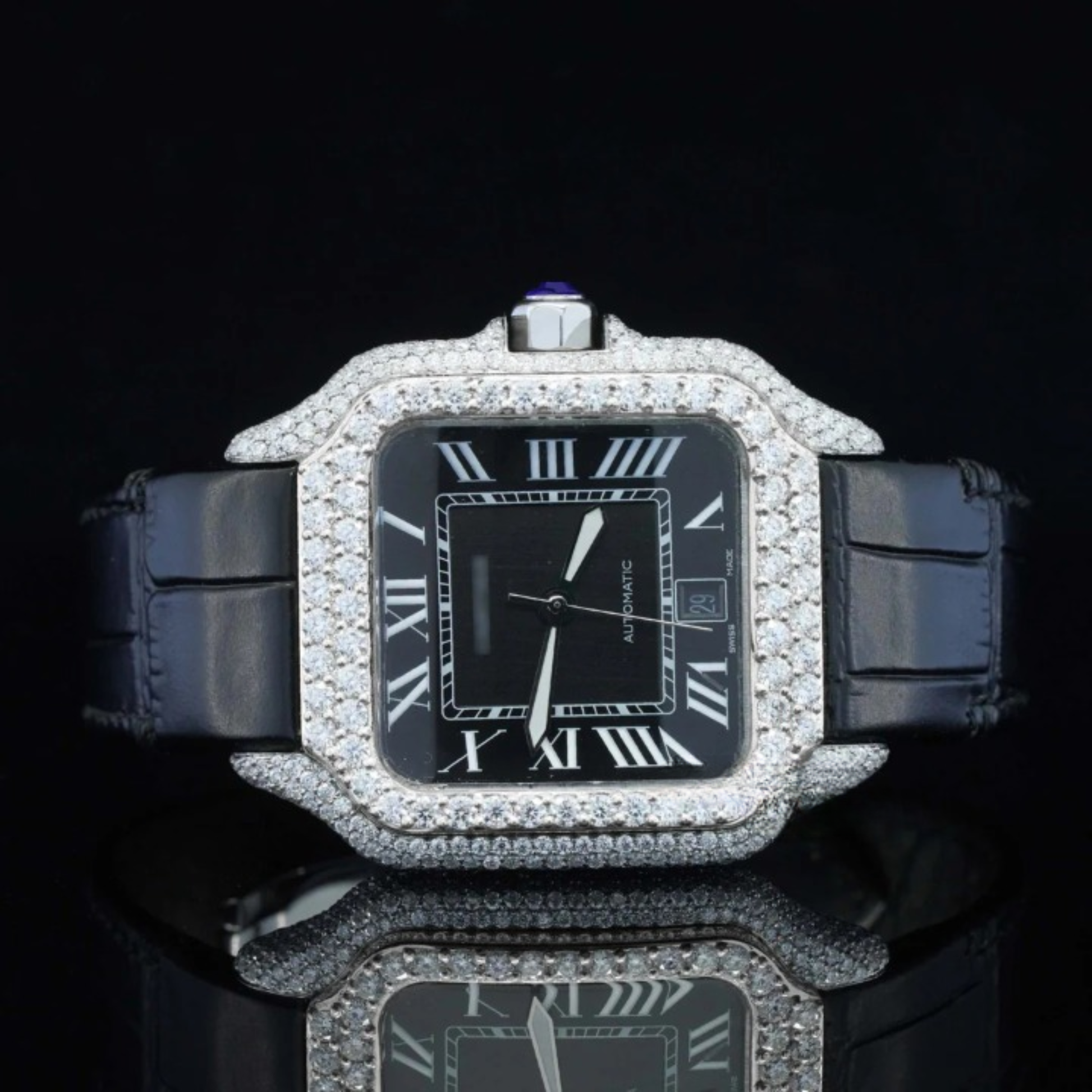 Aesthetic Leather Belt Moissanite Watch For Men Eta swiss movement