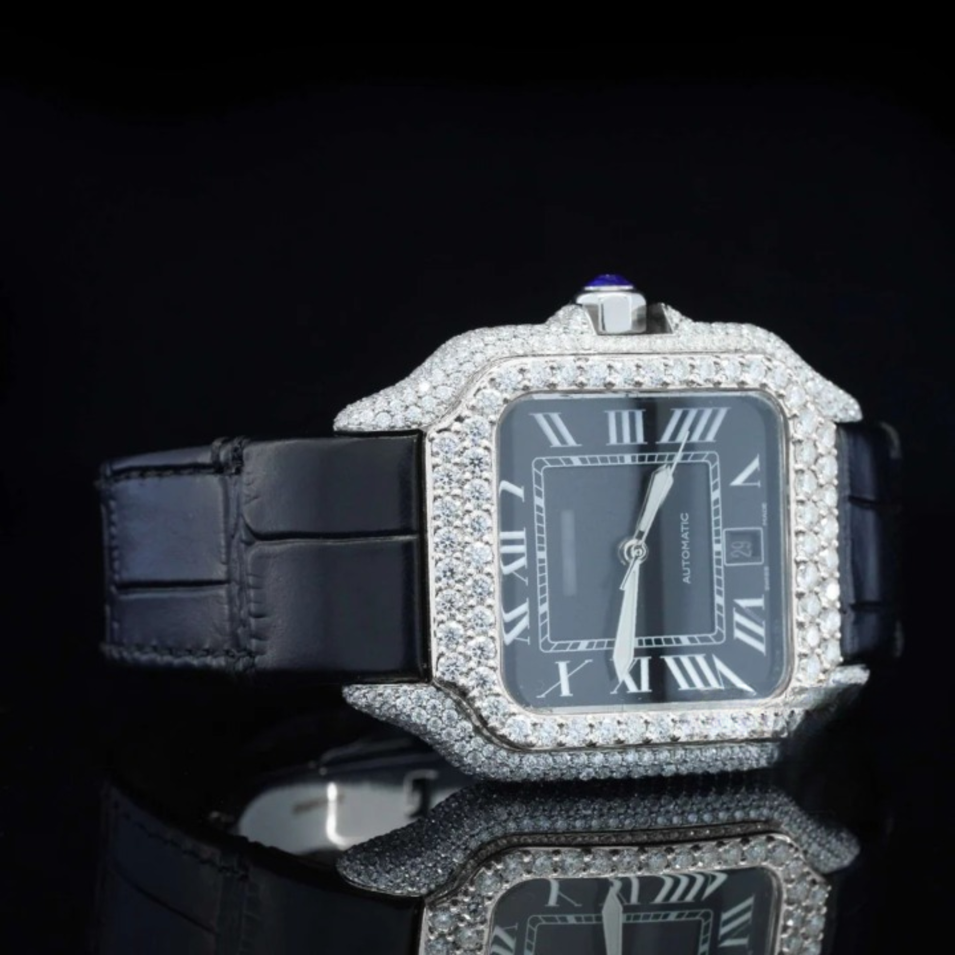 Aesthetic Leather Belt Moissanite Watch For Men Eta swiss movement