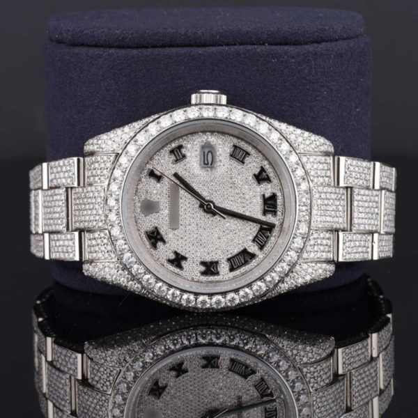 Full Iced Out Diamond Oyster Roman Dial Automatic Moissanite Watch