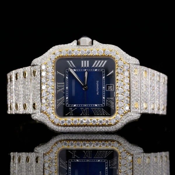 Roman Blue Dial Full Iced Out Automatic Moissanite Watch
