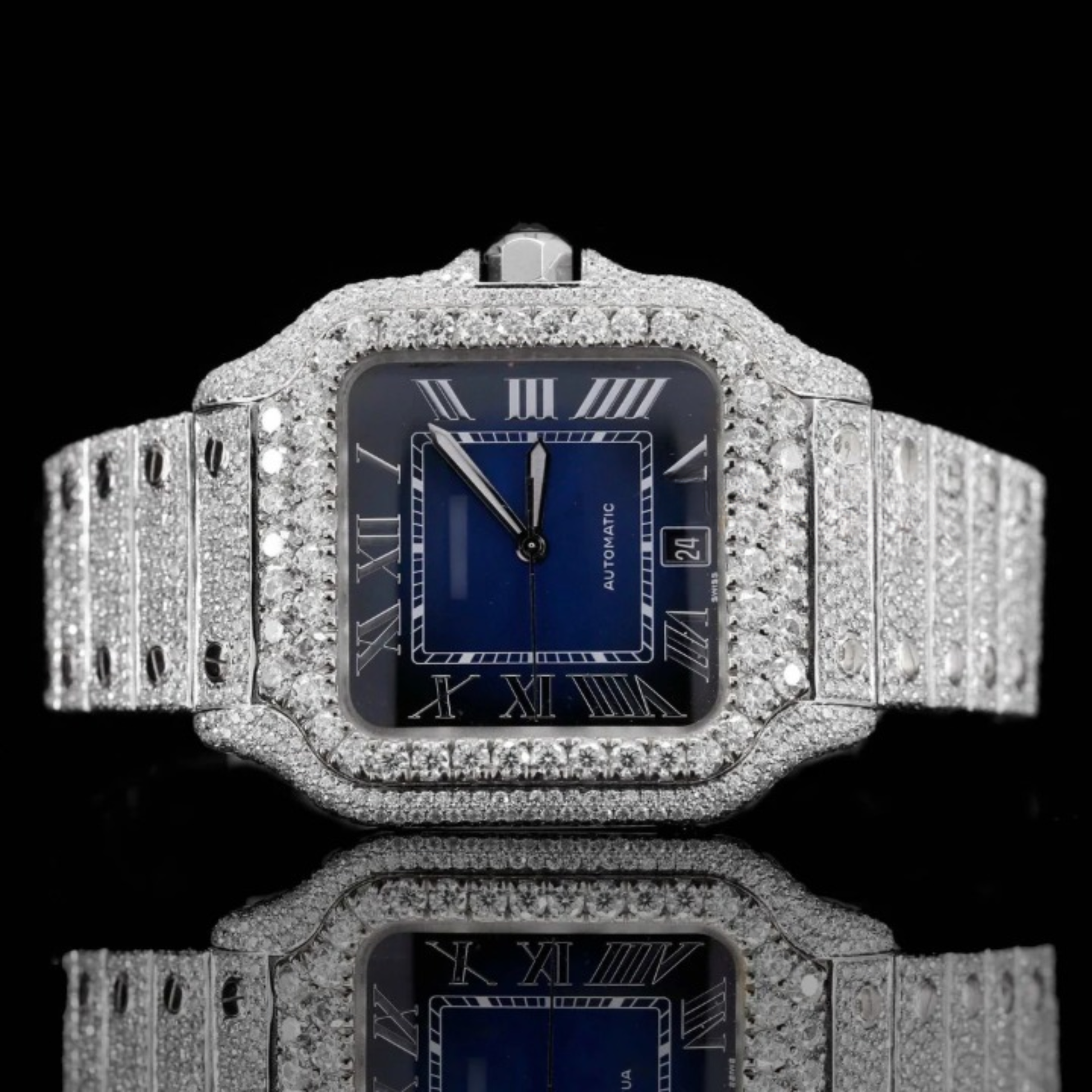 Roman Blue Dial Full Iced Out Automatic Moissanite Watch
