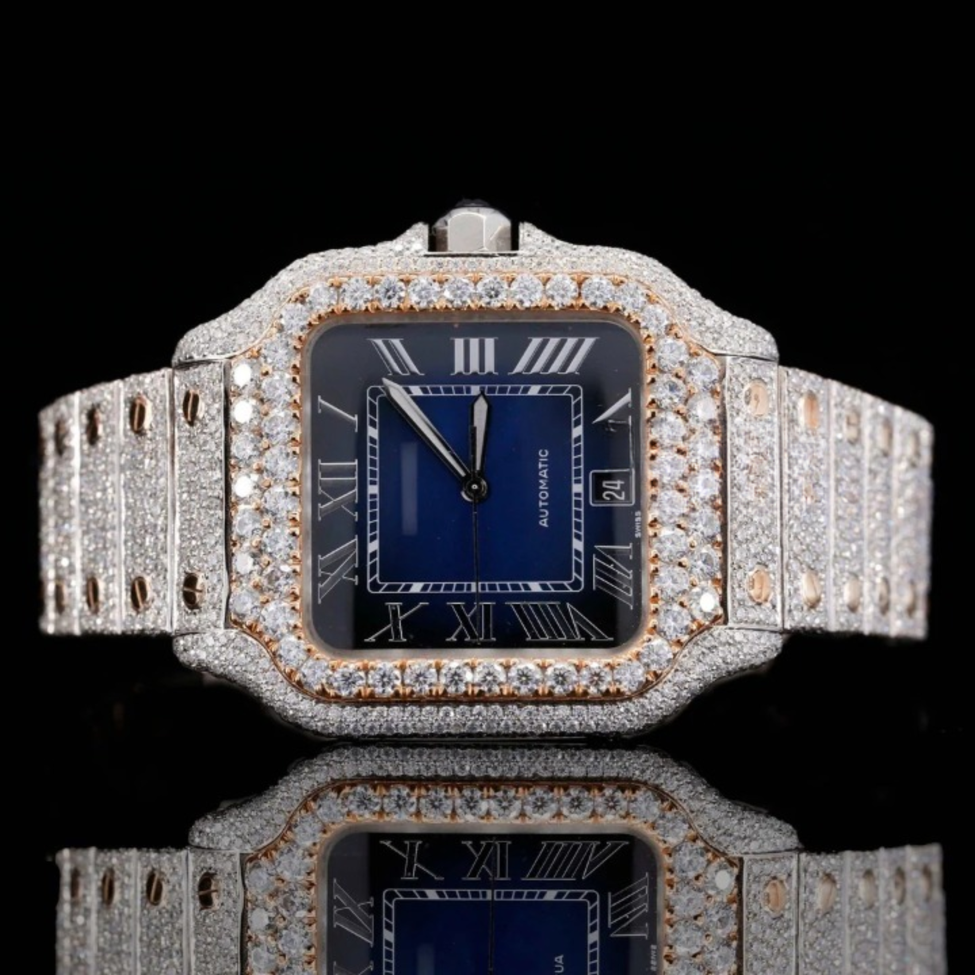 Roman Blue Dial Full Iced Out Automatic Moissanite Watch