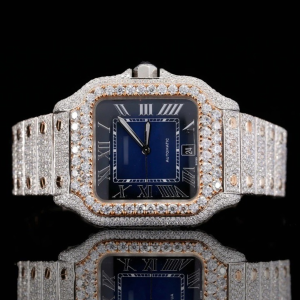 Roman Blue Dial Full Iced Out Automatic Moissanite Watch