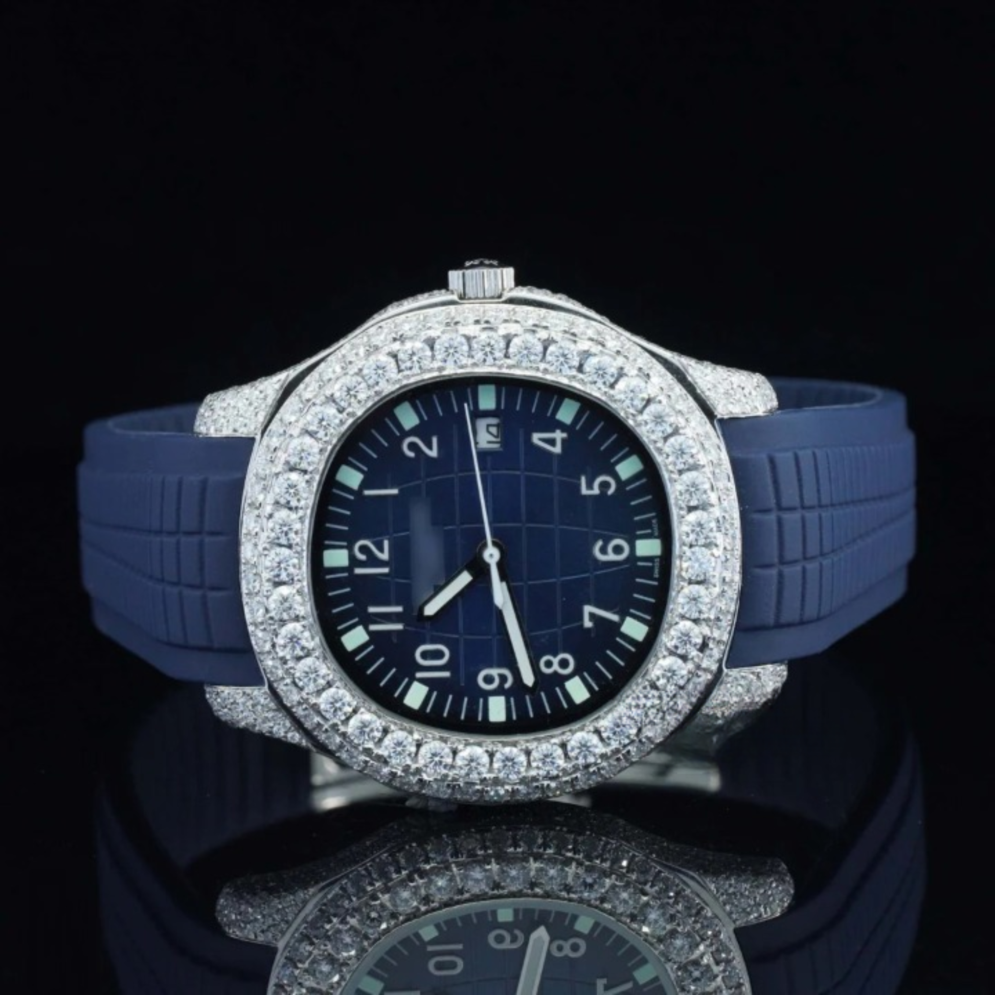 Iced Out Moissanite Watch Blue Color Belt Automatic Watch For Men