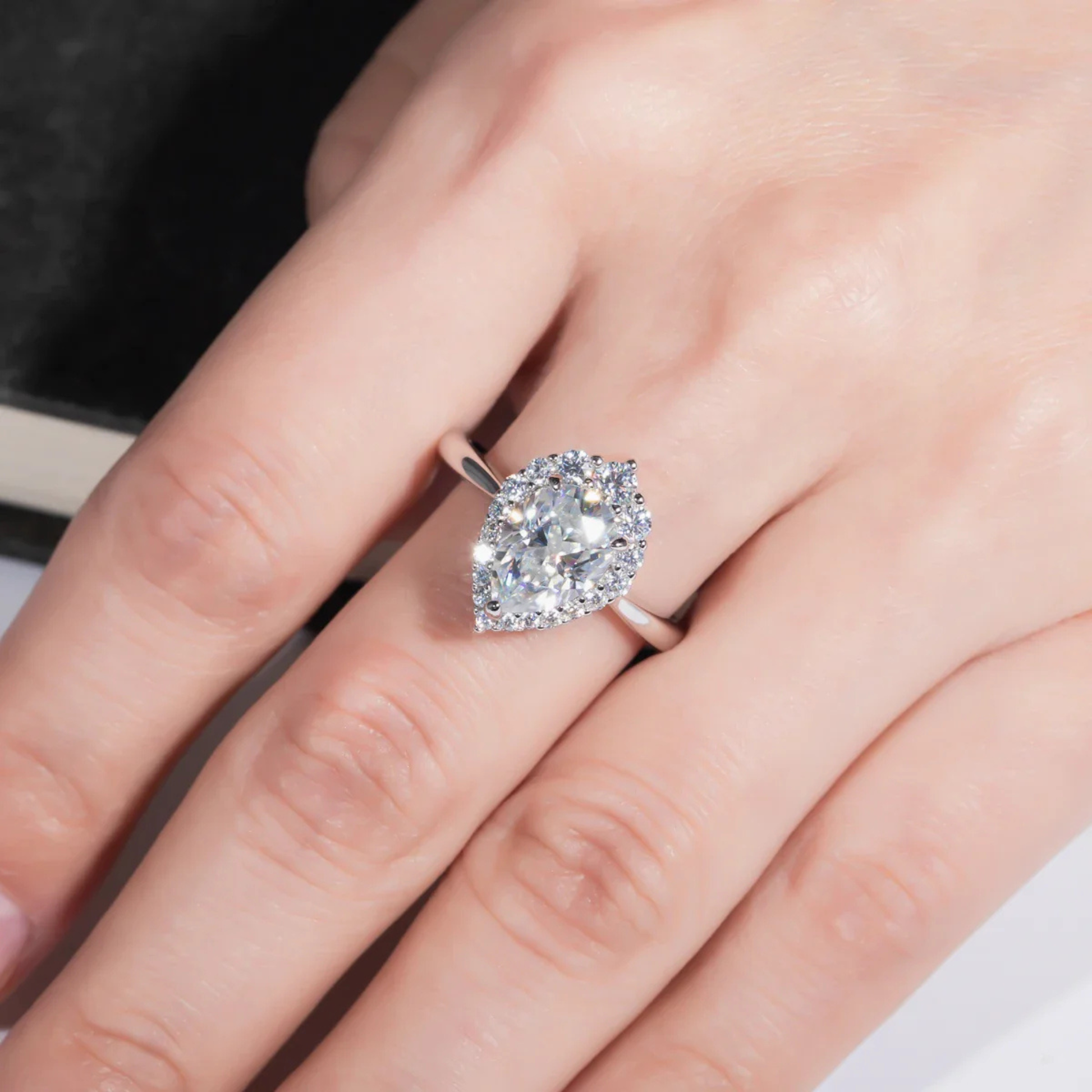 2.6CT Pear Cut D Color Moissanite Halo Engagement Ring