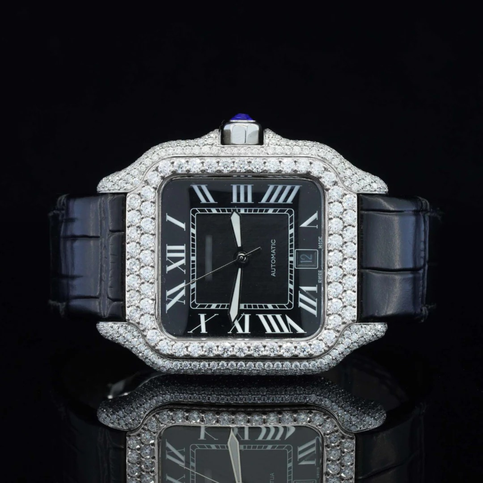 Awesome Black Dial And Leather Belt Moissanite Watch