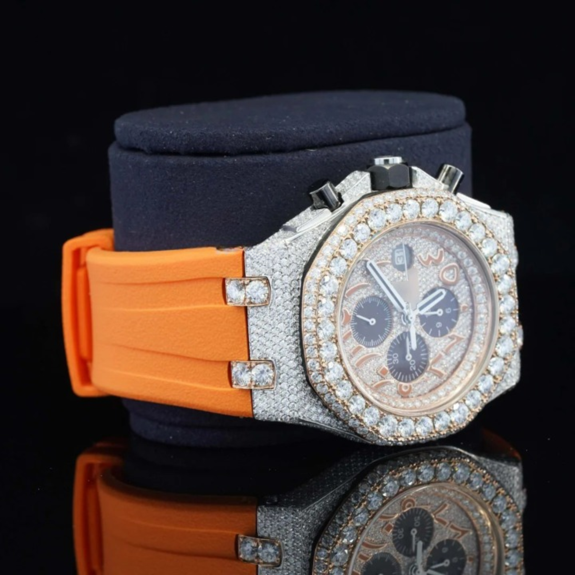 Iced Out Moissanite Diamond Orange Belt Chronograph Wrist Watch For Men