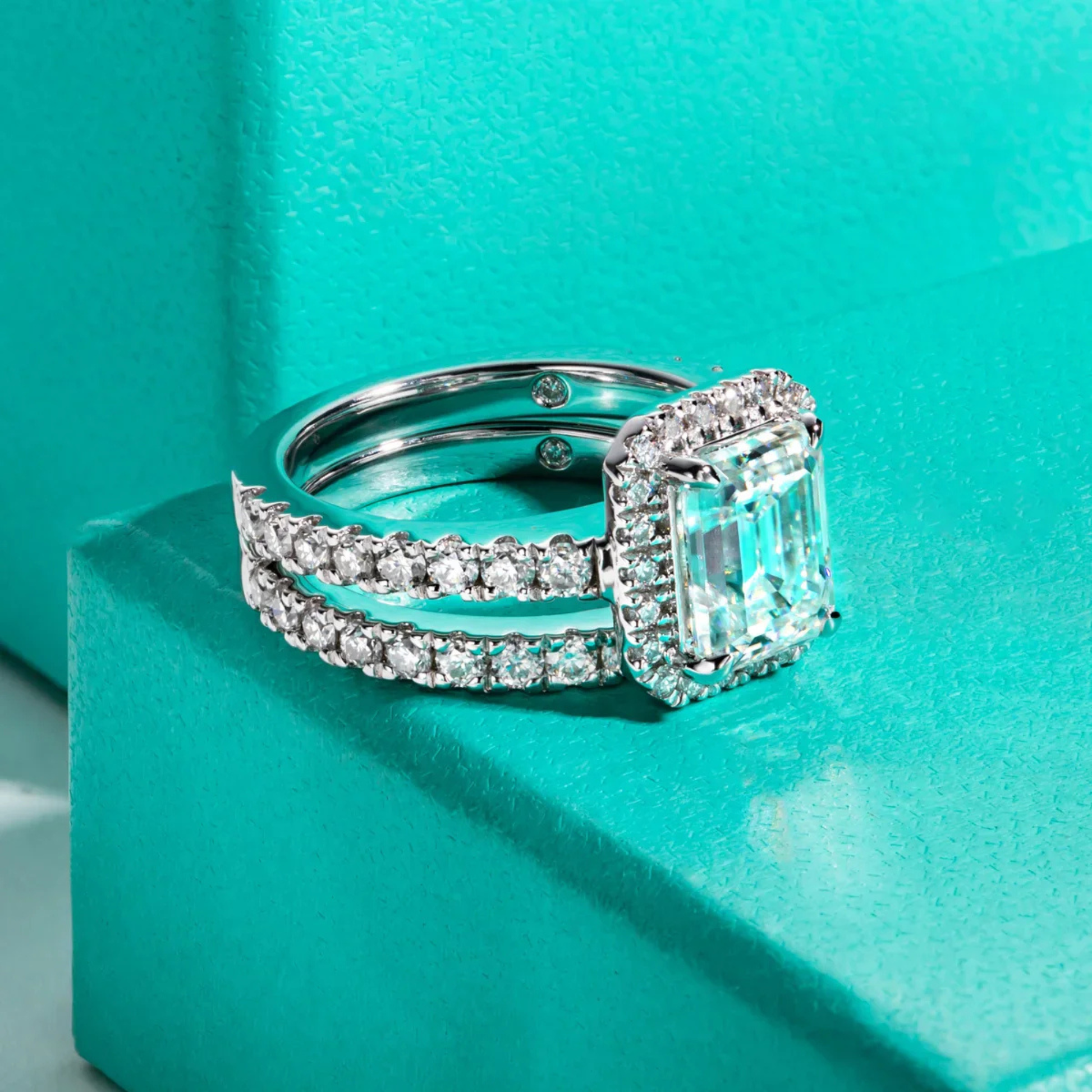 3 CT Emerald Cut Moissanite Halo Bridal Ring Set