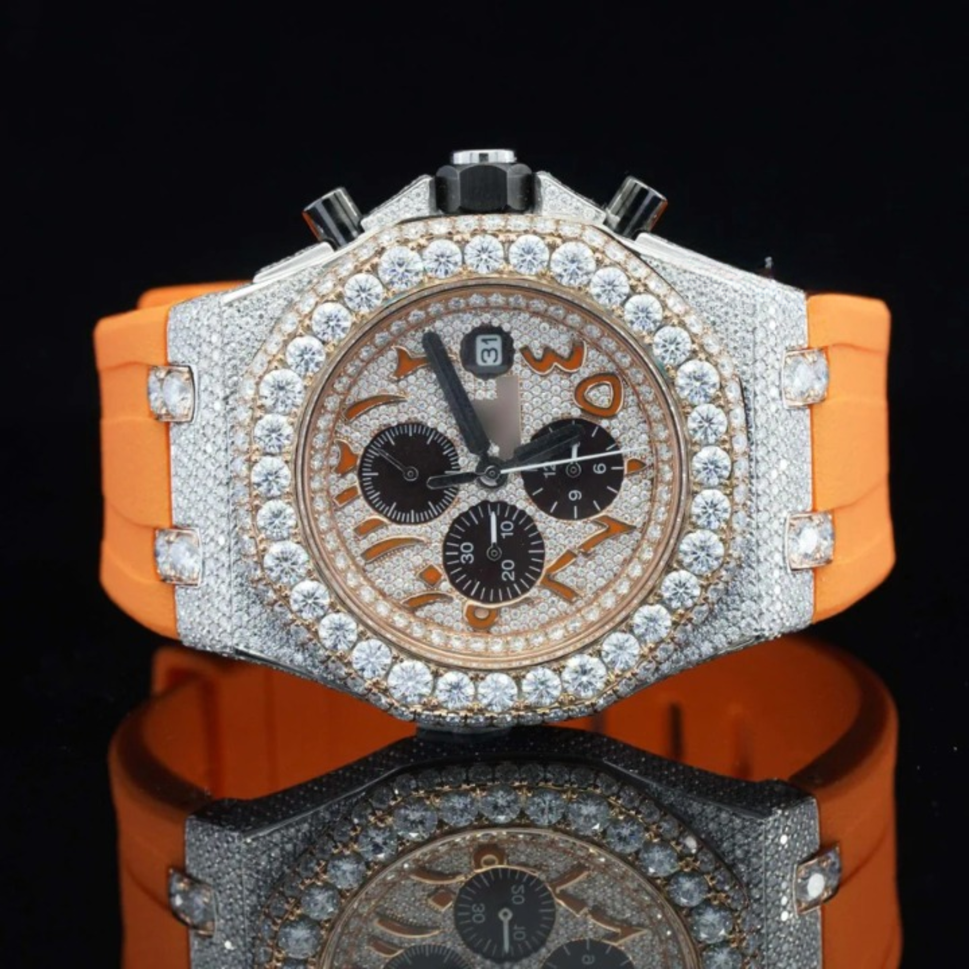 Iced Out Moissanite Diamond Orange Belt Chronograph Wrist Watch For Men