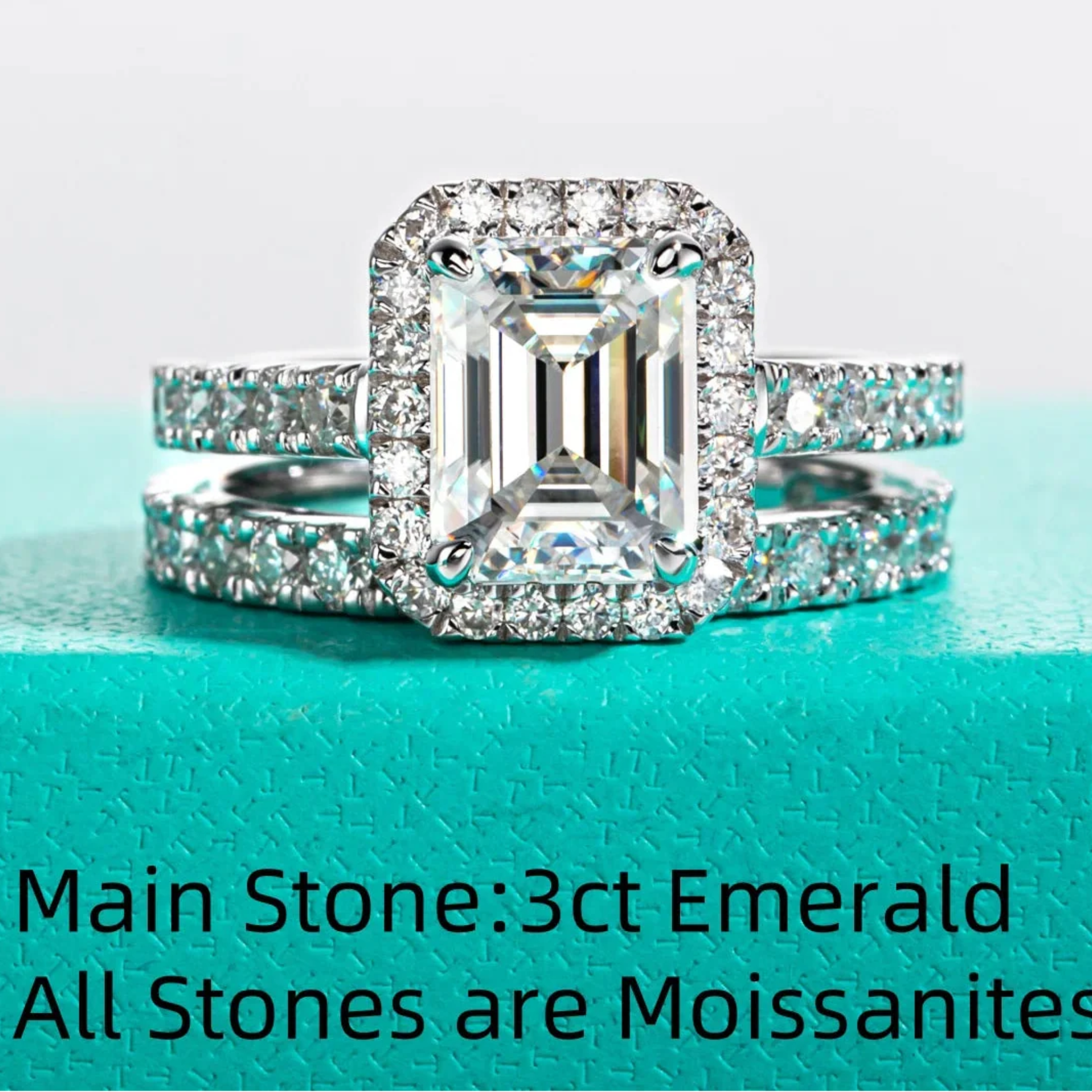 3 CT Emerald Cut Moissanite Halo Bridal Ring Set