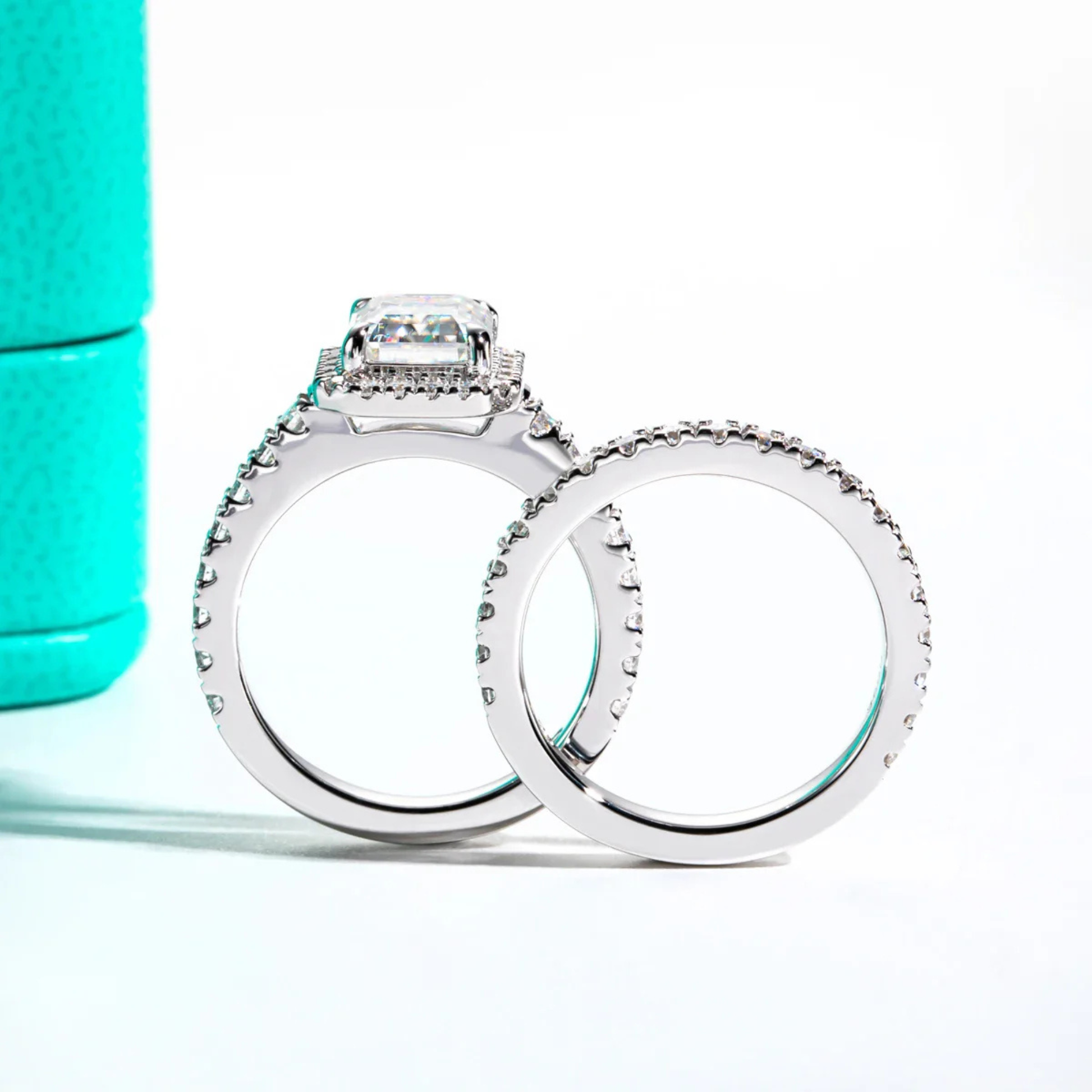 3 CT Emerald Cut Moissanite Halo Bridal Ring Set