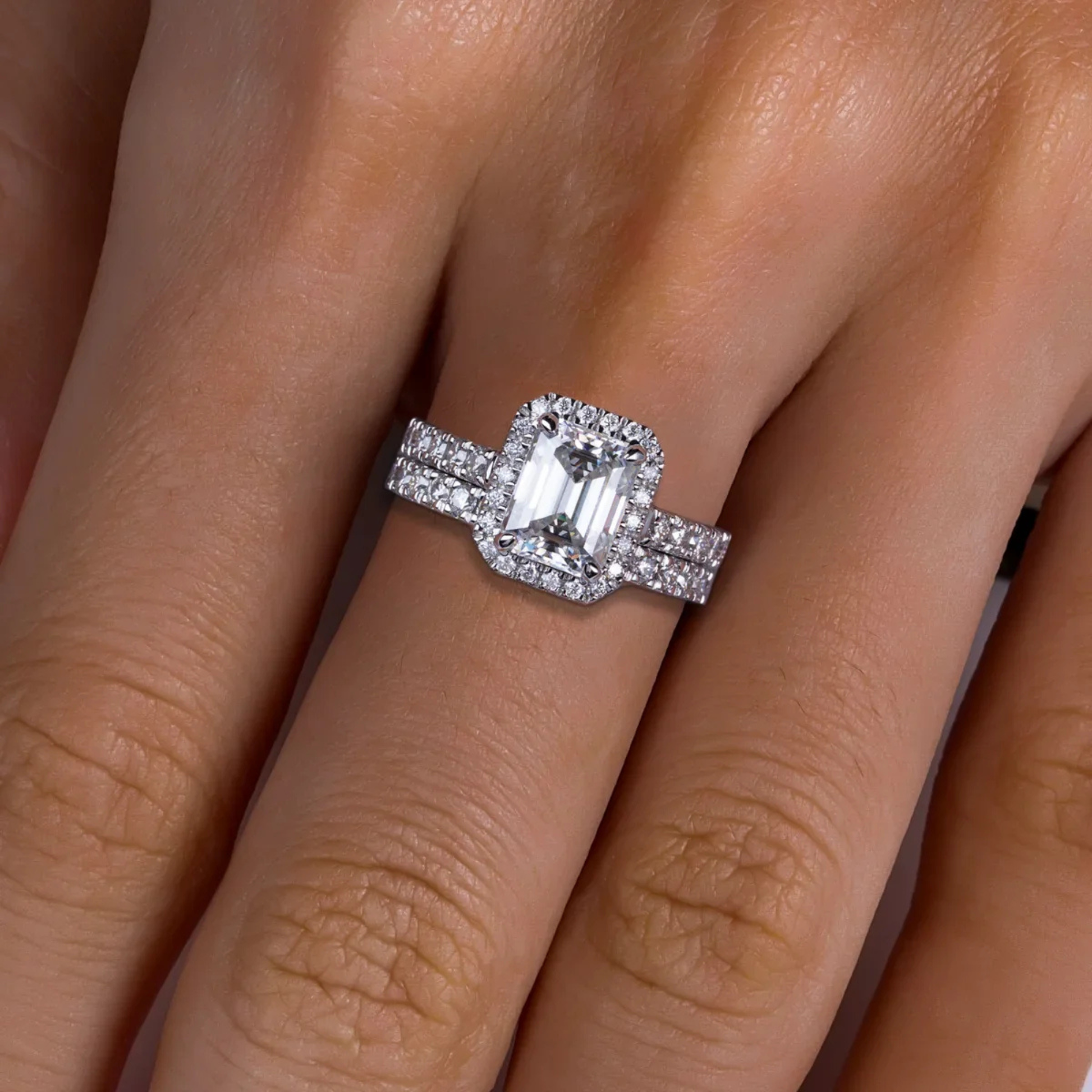 3 CT Emerald Cut Moissanite Halo Bridal Ring Set