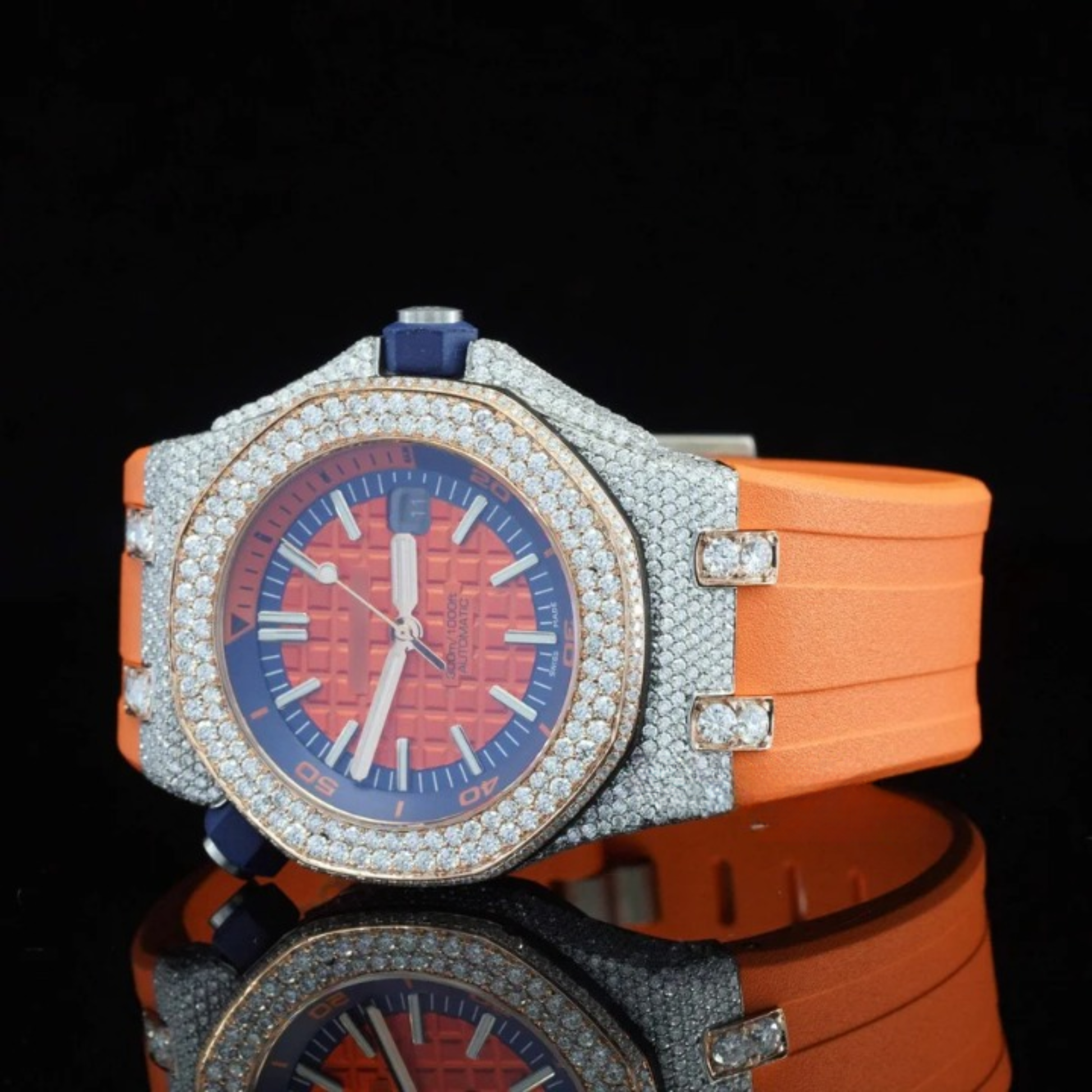 Iced Out Moissanite Watch Orange Color Belt Automatic Watch For Men