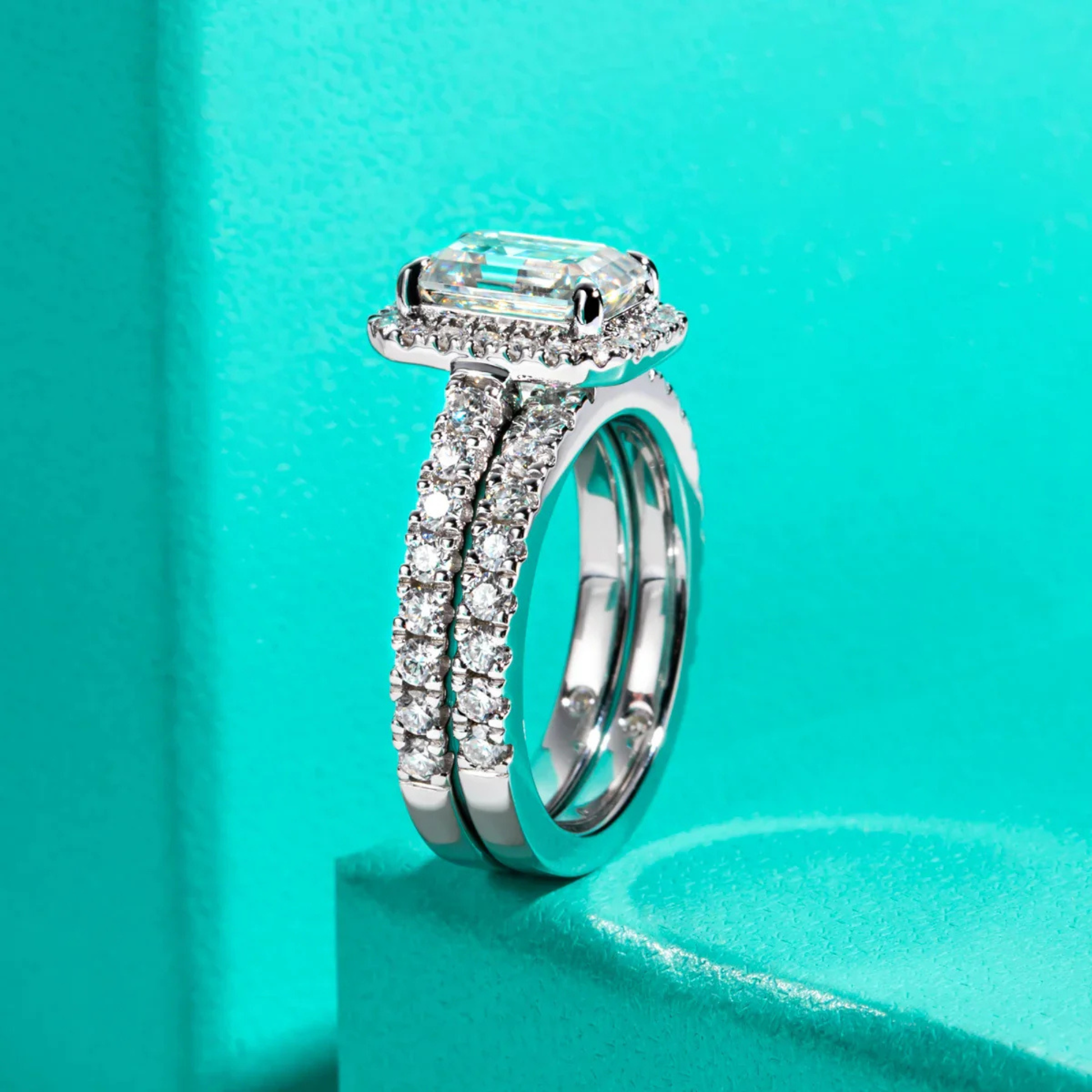 3 CT Emerald Cut Moissanite Halo Bridal Ring Set