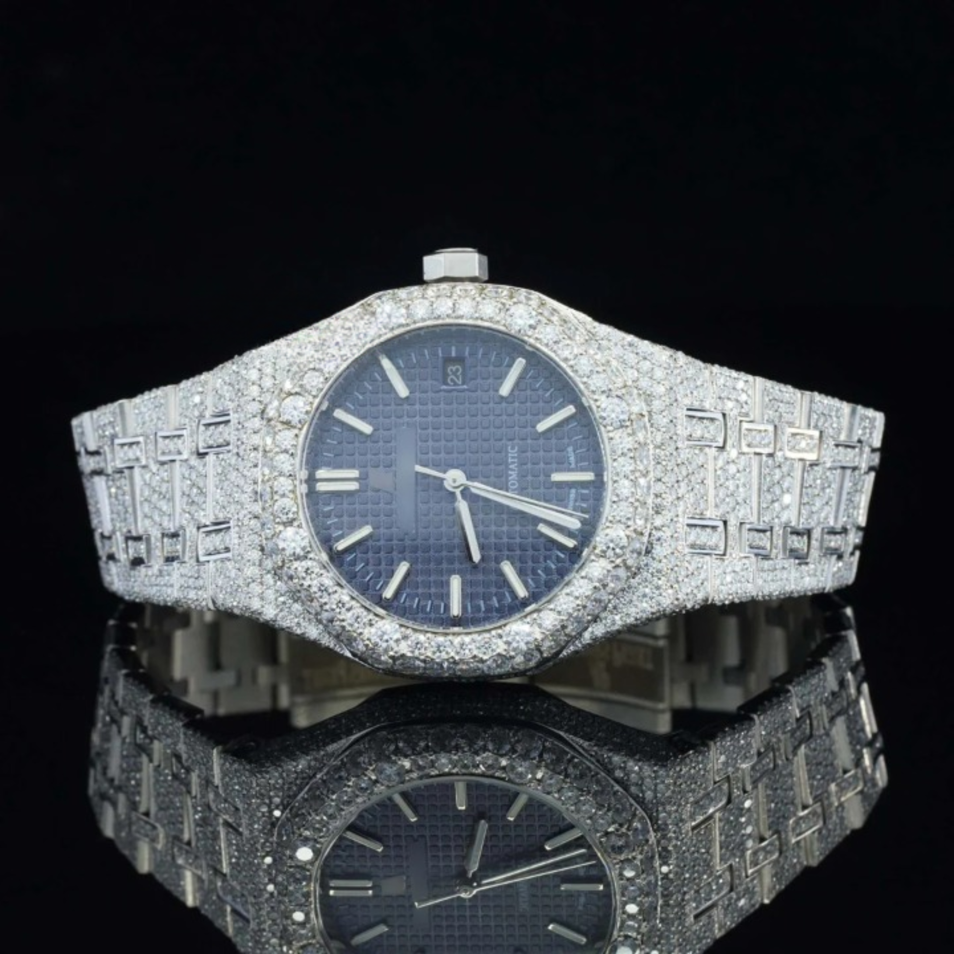 Awesome Blue Dial Iced Out Moissanite Watch For Men