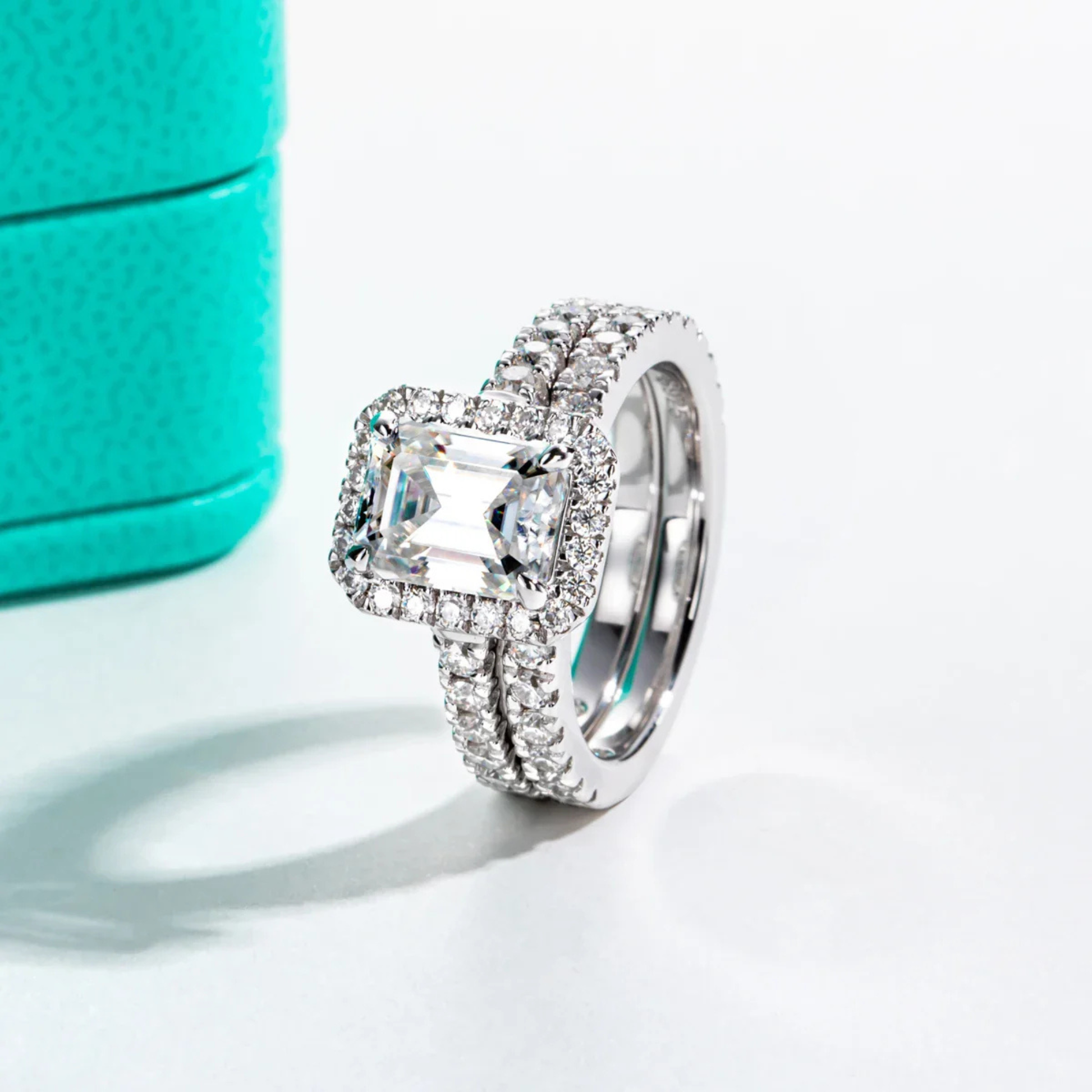 3 CT Emerald Cut Moissanite Halo Bridal Ring Set