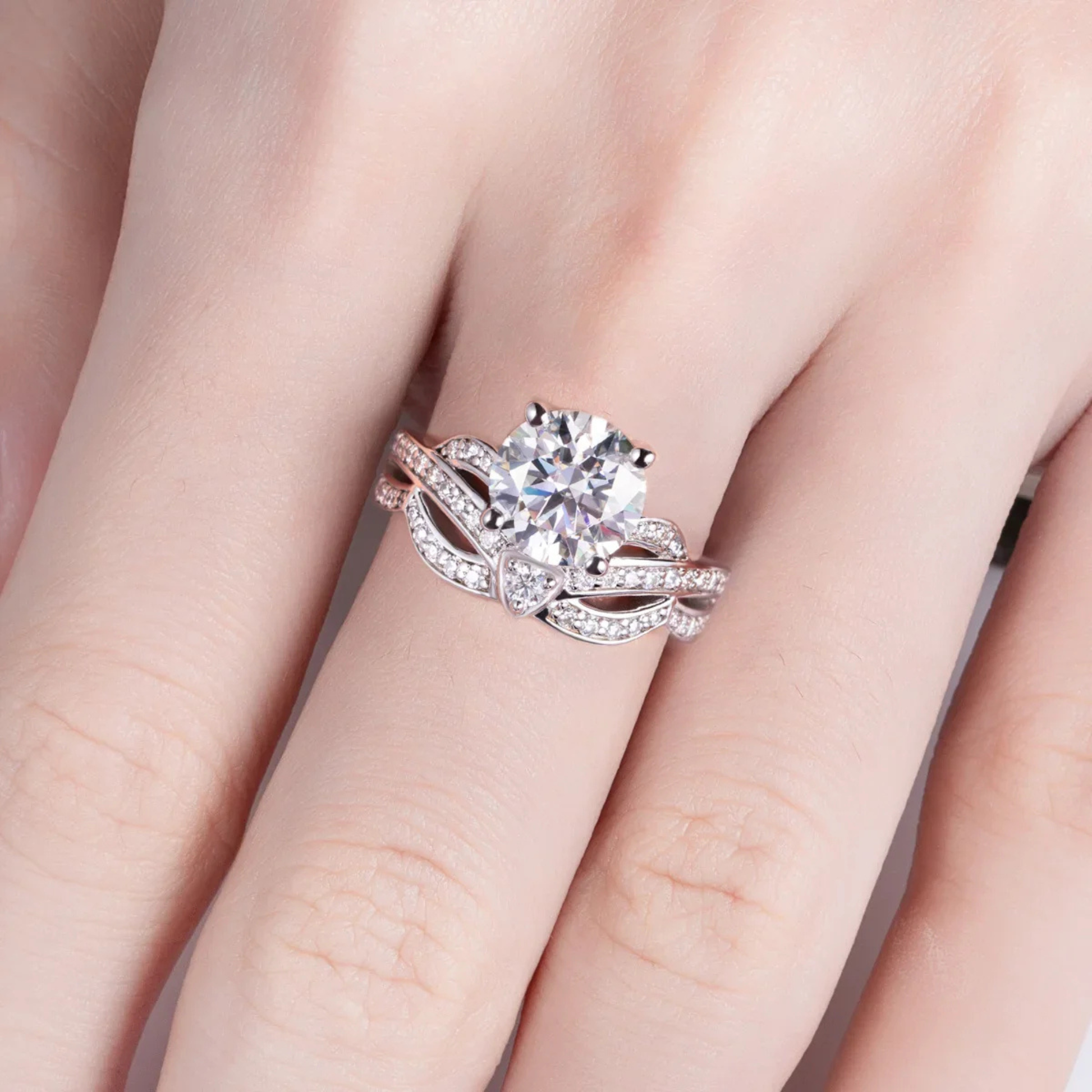 3 CT Round Cut Moissanite Engagement Ring & Set