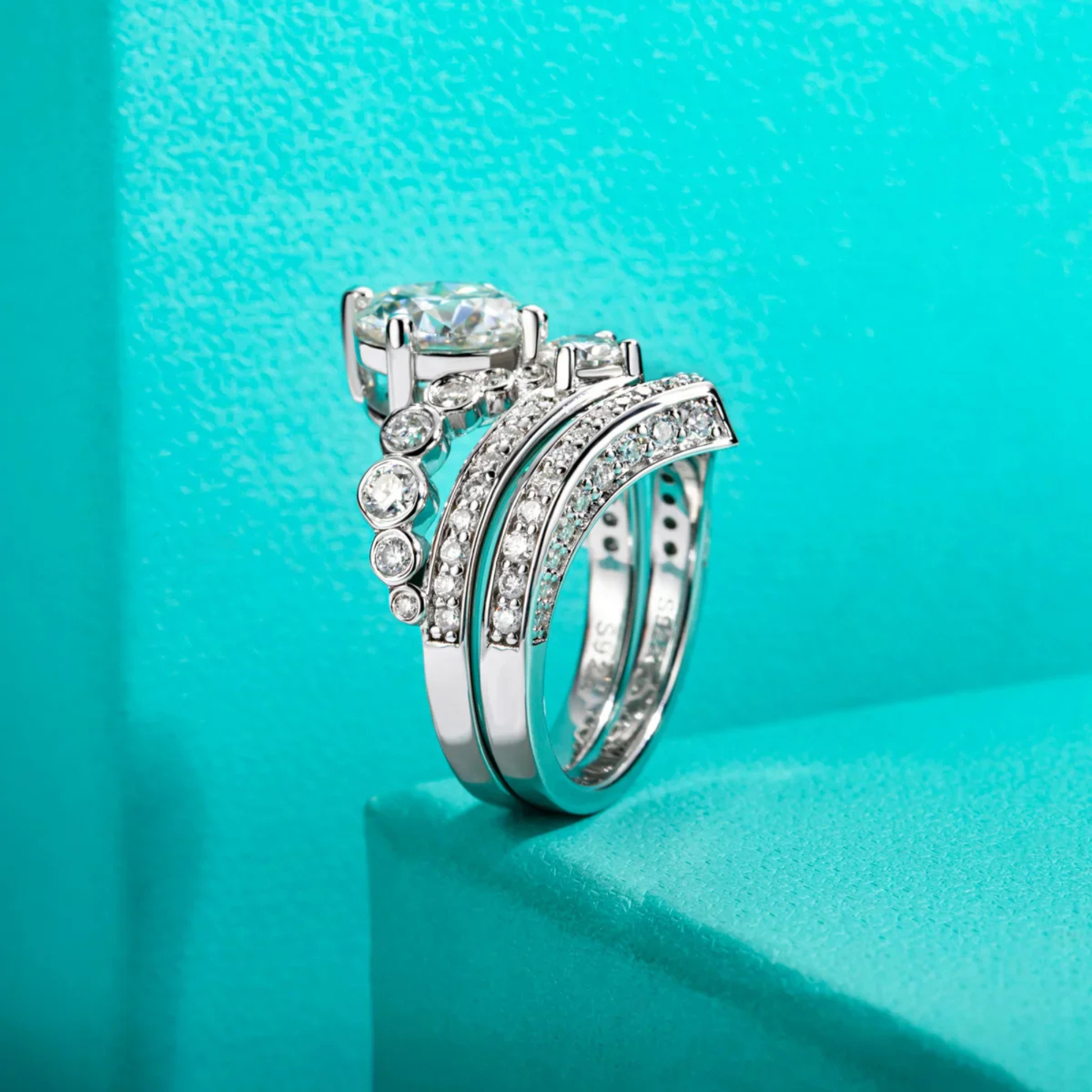 3CT Round Cut Crown Moissanite Engagement Ring Set