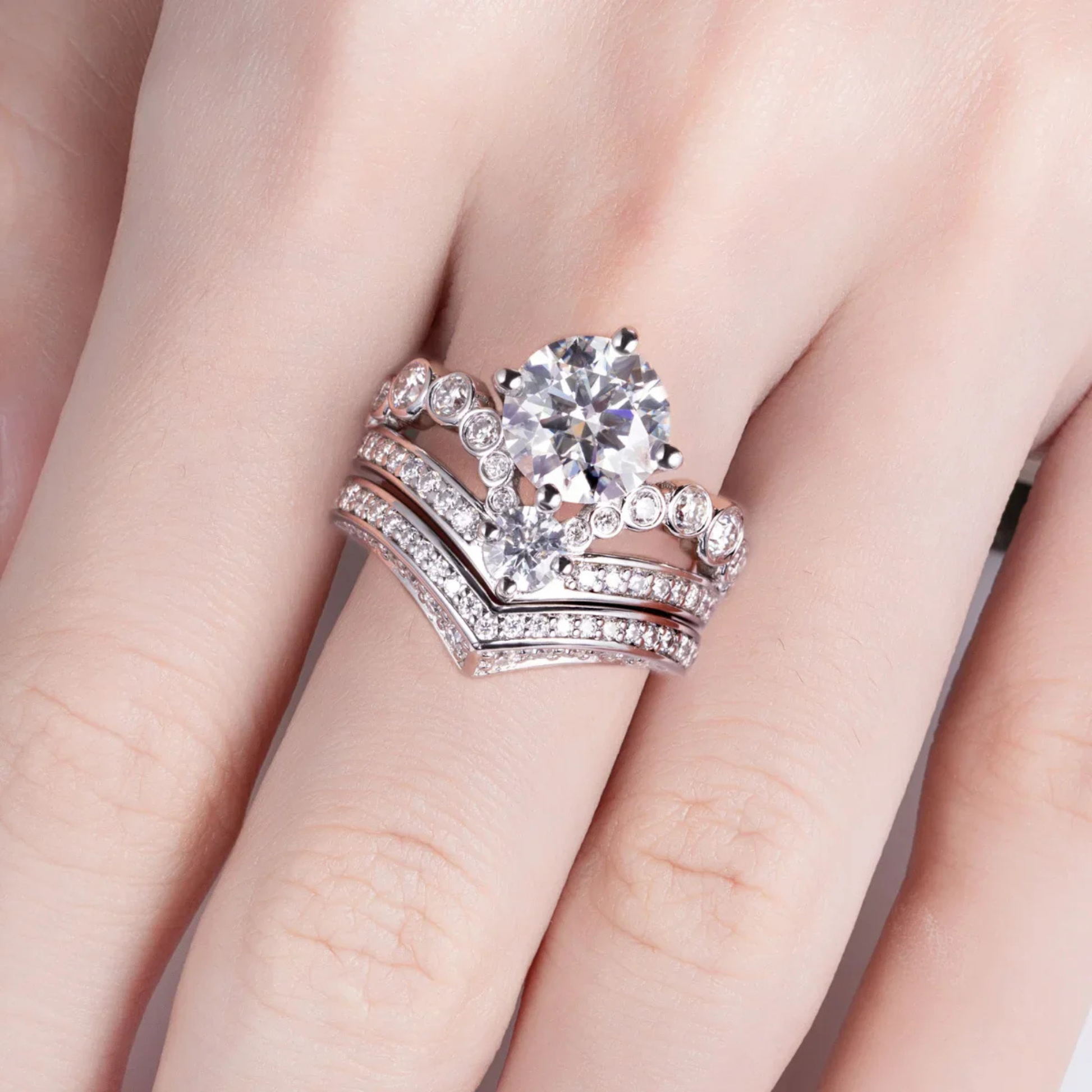 3CT Round Cut Crown Moissanite Engagement Ring Set