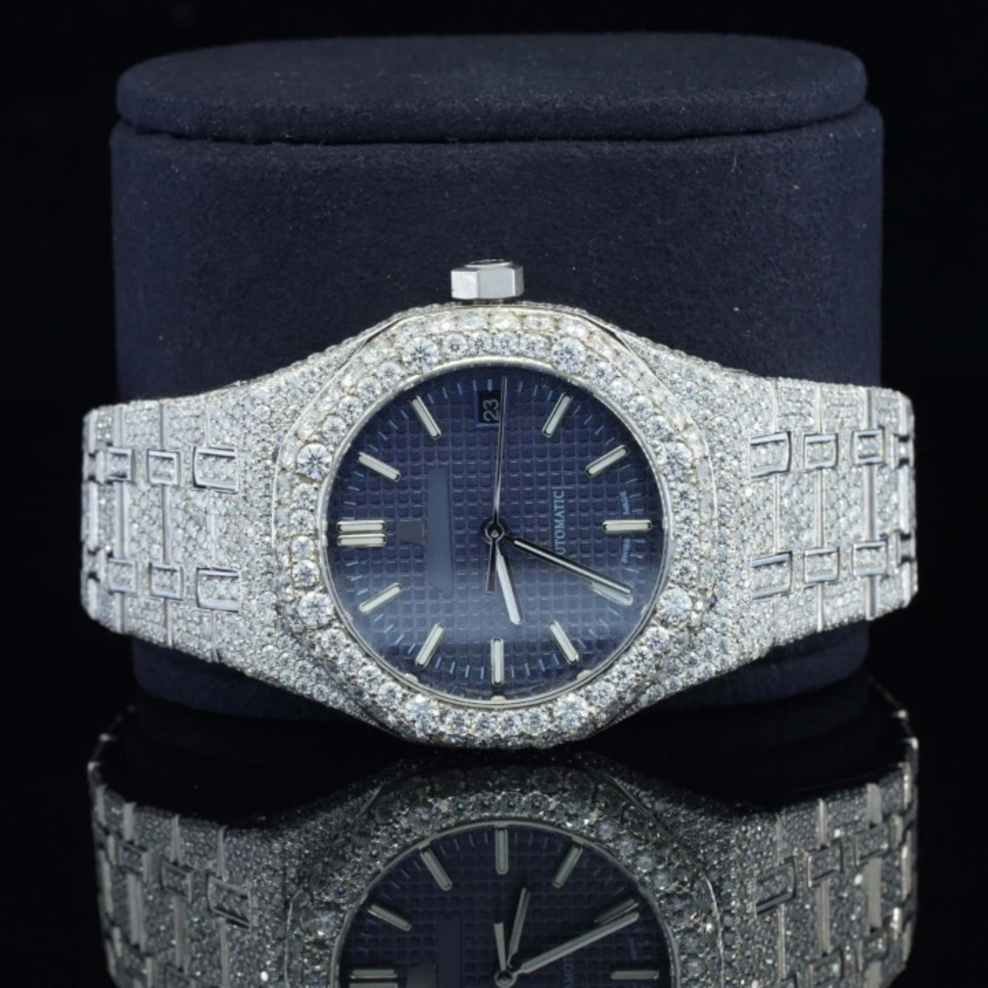 Awesome Blue Dial Iced Out Moissanite Watch For Men