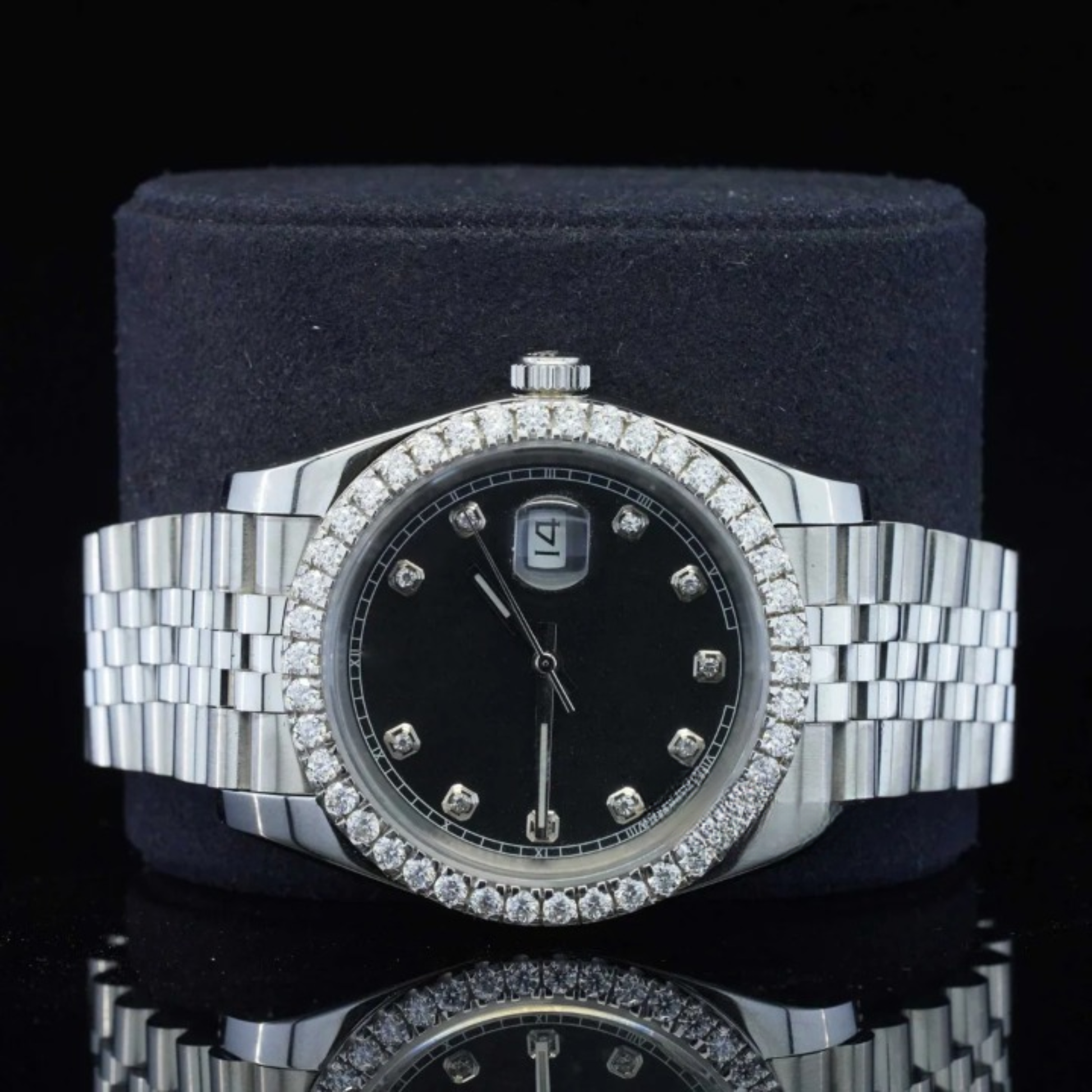 Formal Black Dial Partial Moissanite Diamond Watch For Men