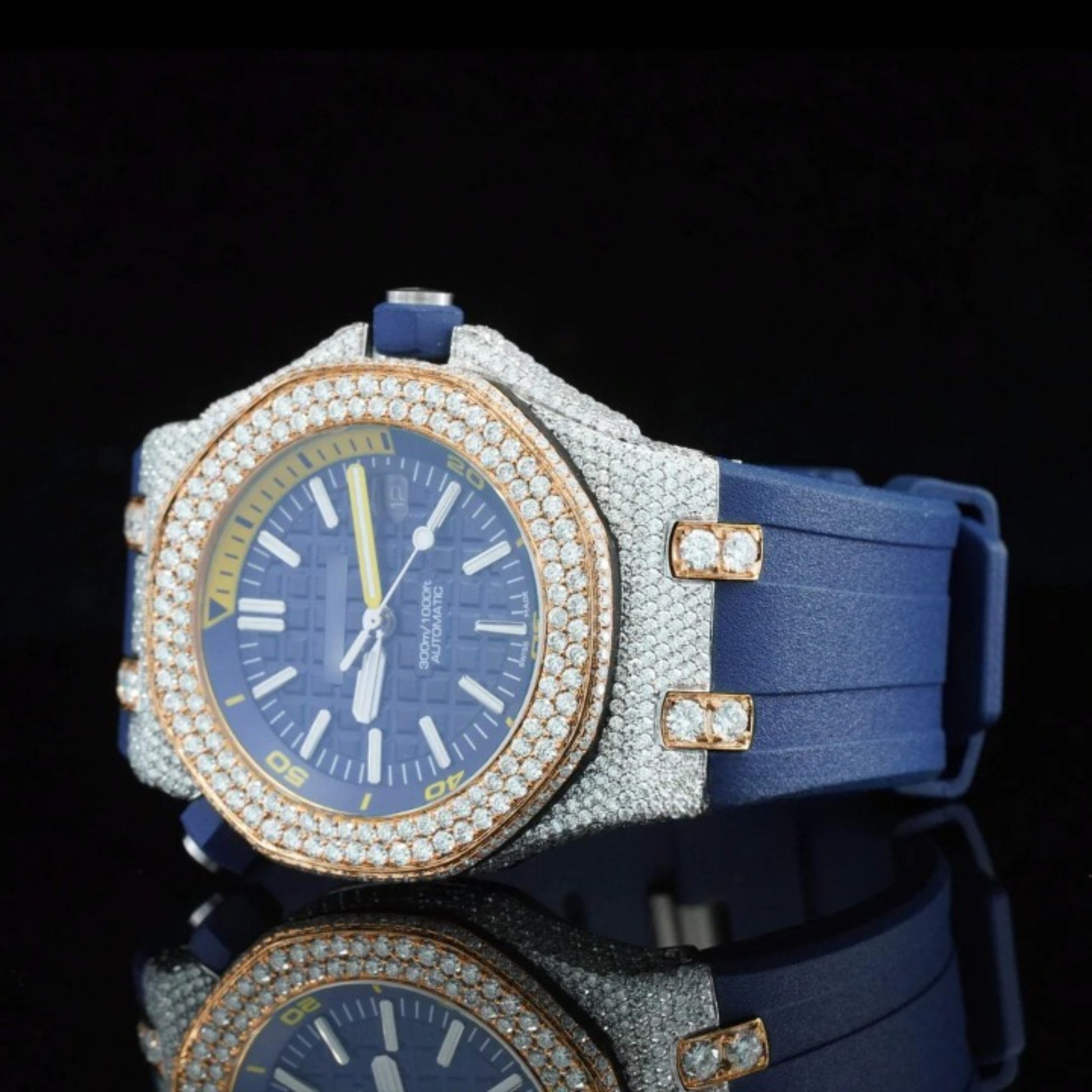 Moissanite Watch Iced Out Blue Color Rubber Belt Automatic Watch For Men