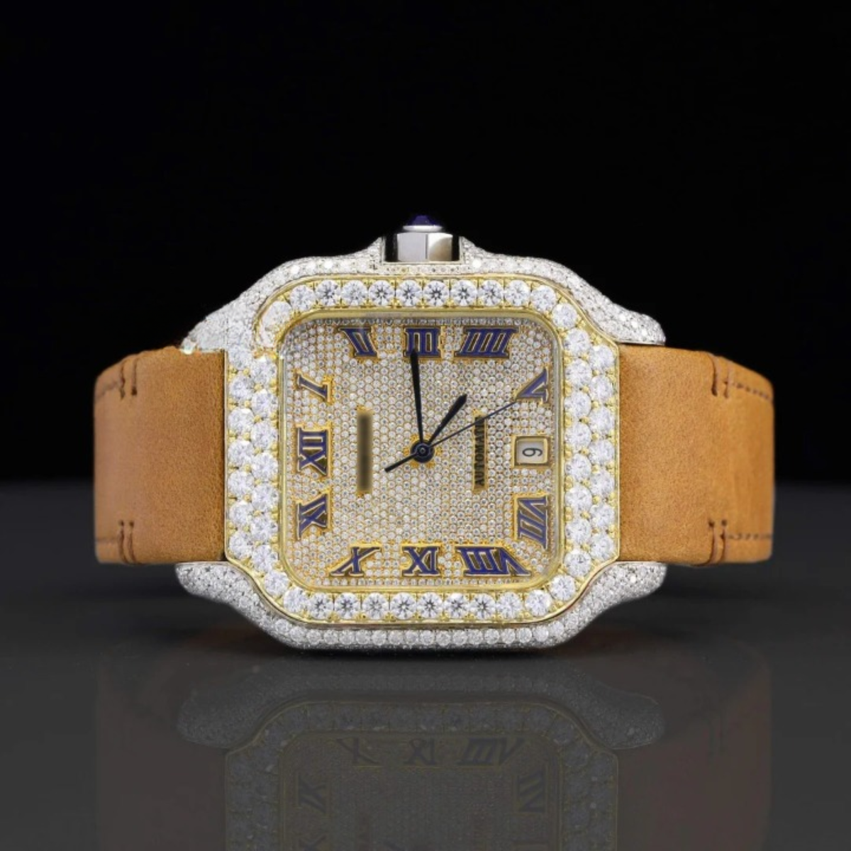 Luxury Brown Leather Belt Moissanite Diamond Iced Out Watch For Men
