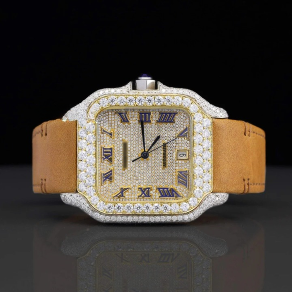 Luxury Brown Leather Belt Moissanite Diamond Iced Out Watch For Men