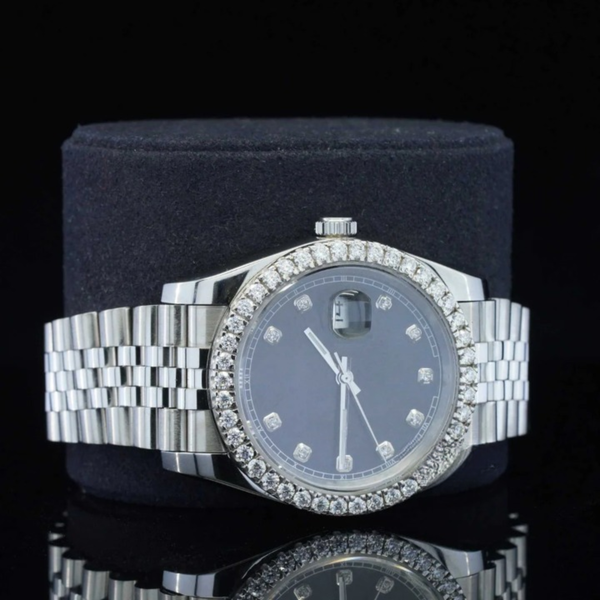 Formal Black Dial Partial Moissanite Diamond Watch For Men