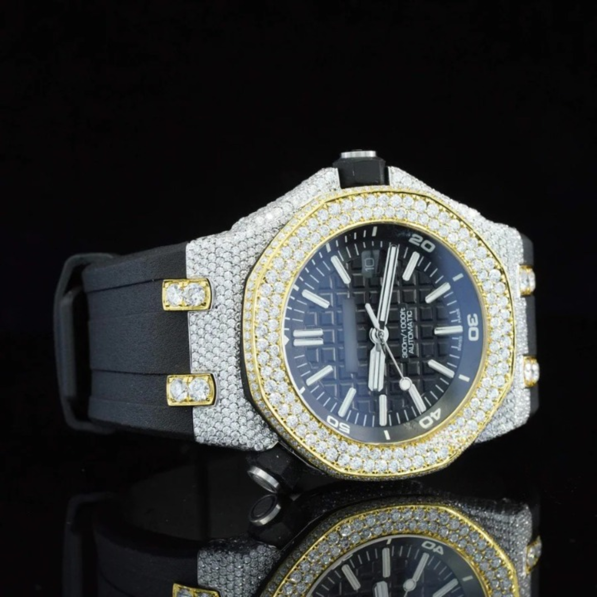 Fabulous Moissanite Wrist Watch With Black Color Belt For Men