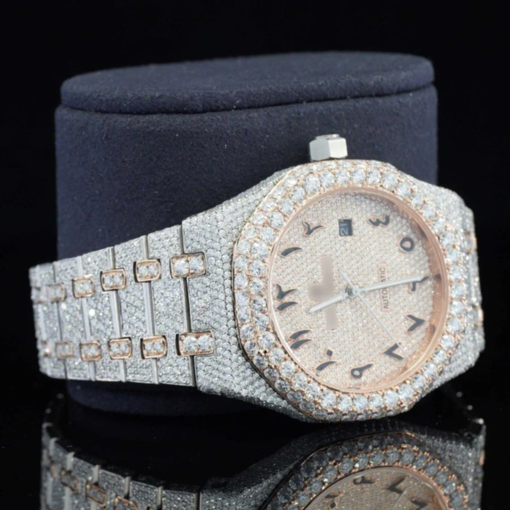 Luxury Moissanite Watch Iced Out Arabic Numericals Automatic Movement For Men