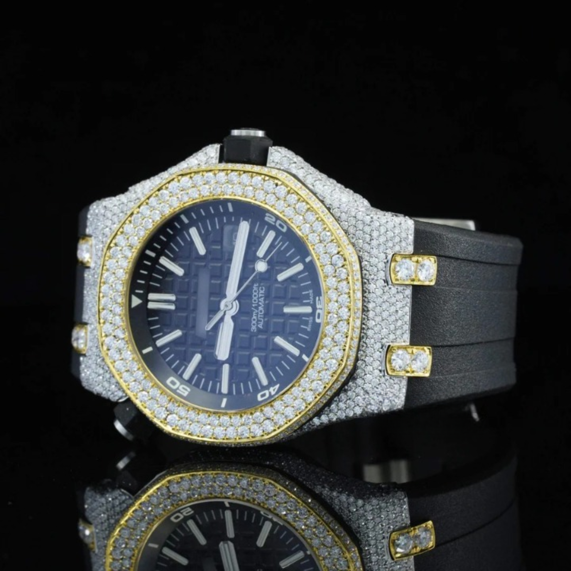 Fabulous Moissanite Wrist Watch With Black Color Belt For Men