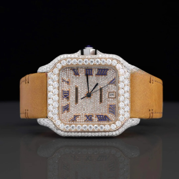 Luxury Brown Leather Belt Moissanite Diamond Iced Out Watch For Men
