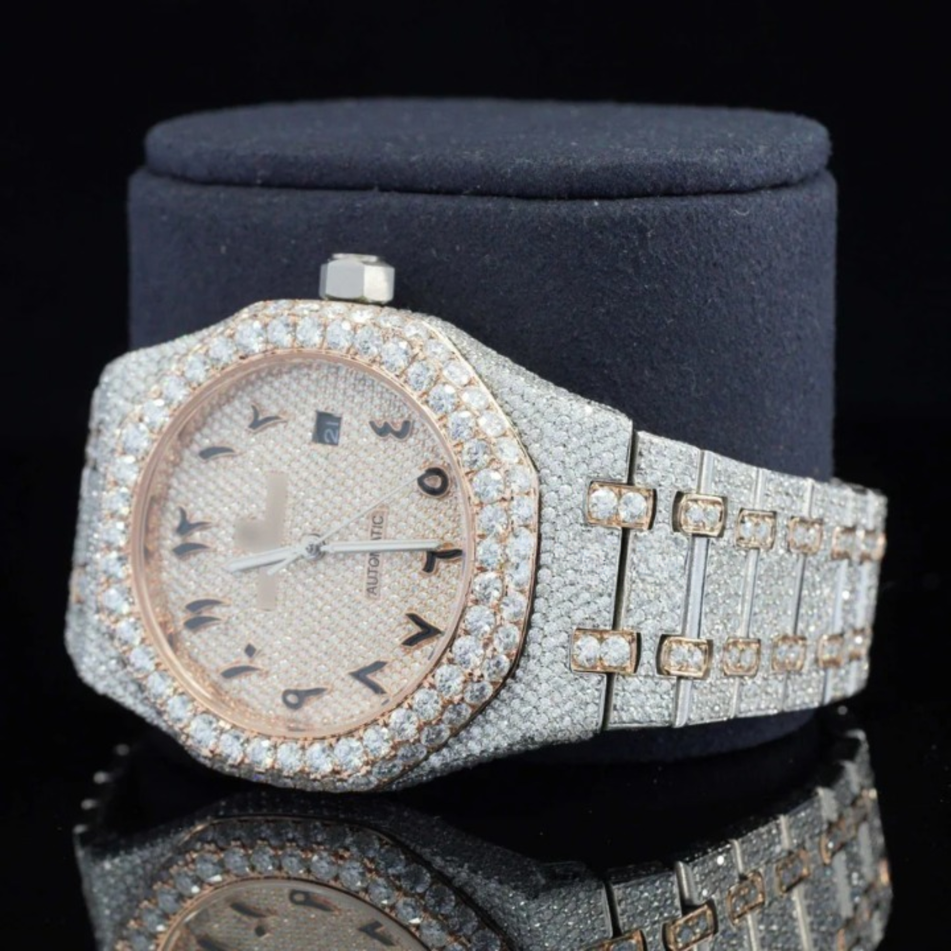 Luxury Moissanite Watch Iced Out Arabic Numericals Automatic Movement For Men