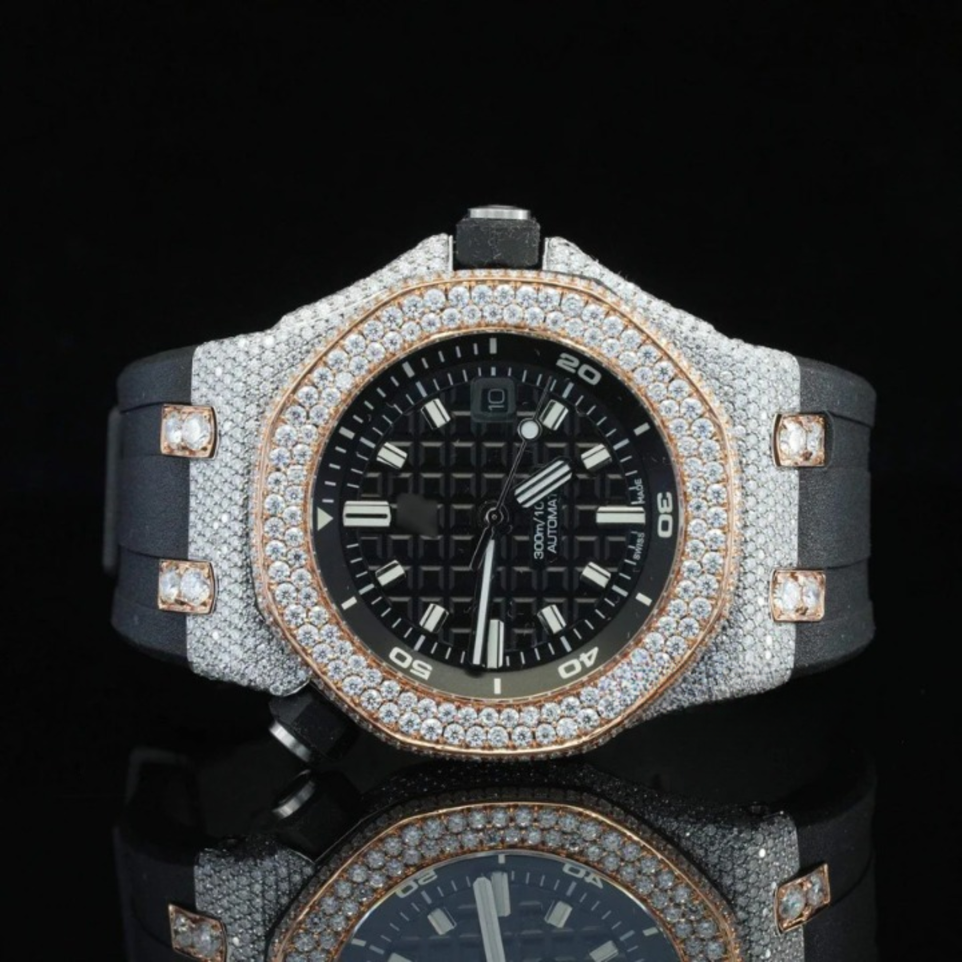 Fabulous Moissanite Wrist Watch With Black Color Belt For Men